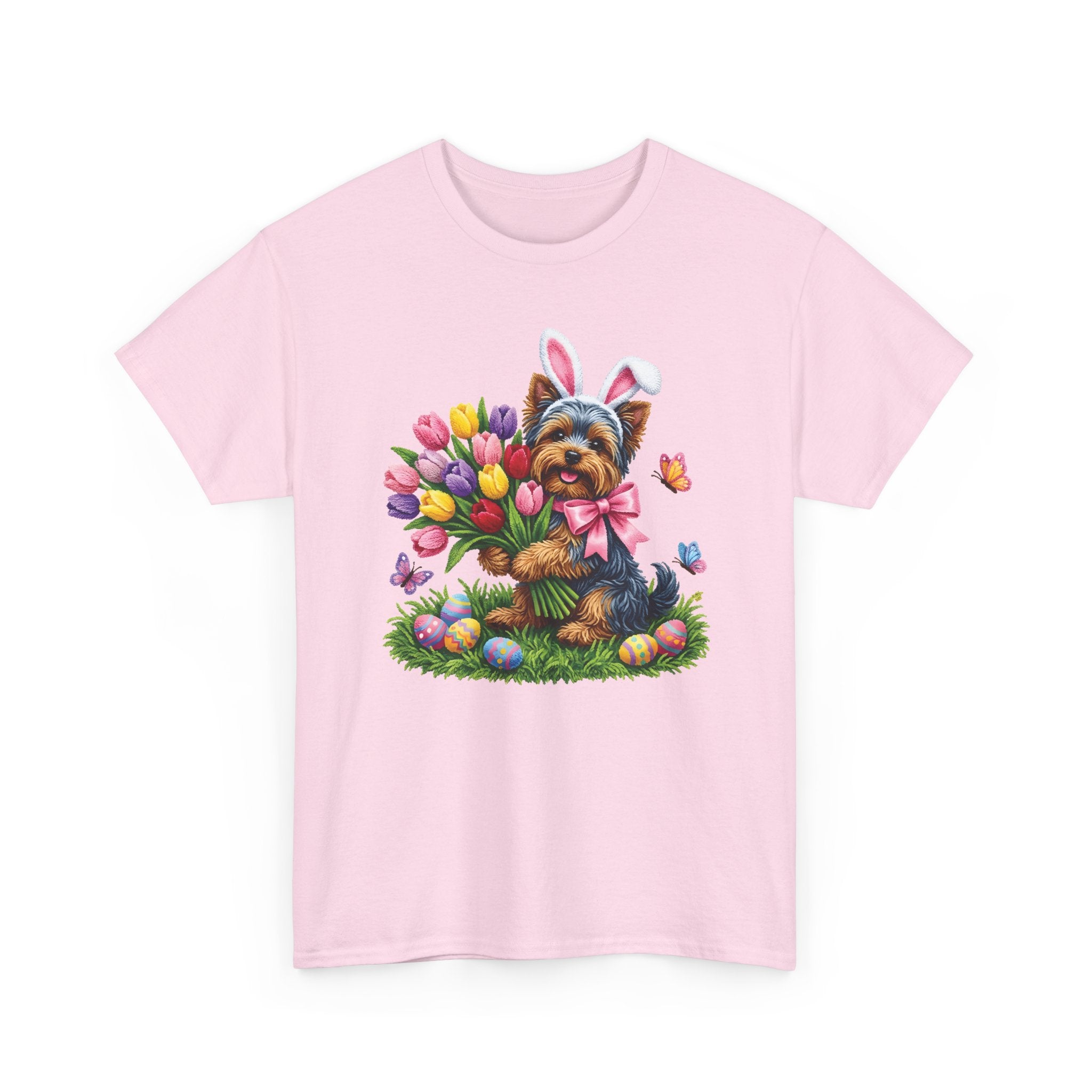 Easter Yorkie Tee — Cute Puppy with Tulips & Bunny Ears Graphic Shirt