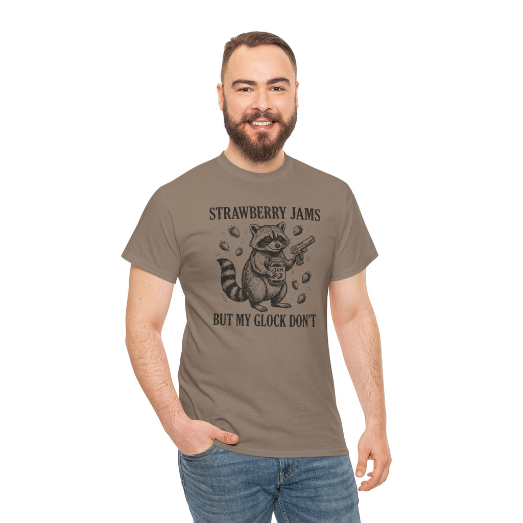Strawberry Jams But My Glock Don’t T-Shirt — Funny Raccoon Gun Graphic Tee