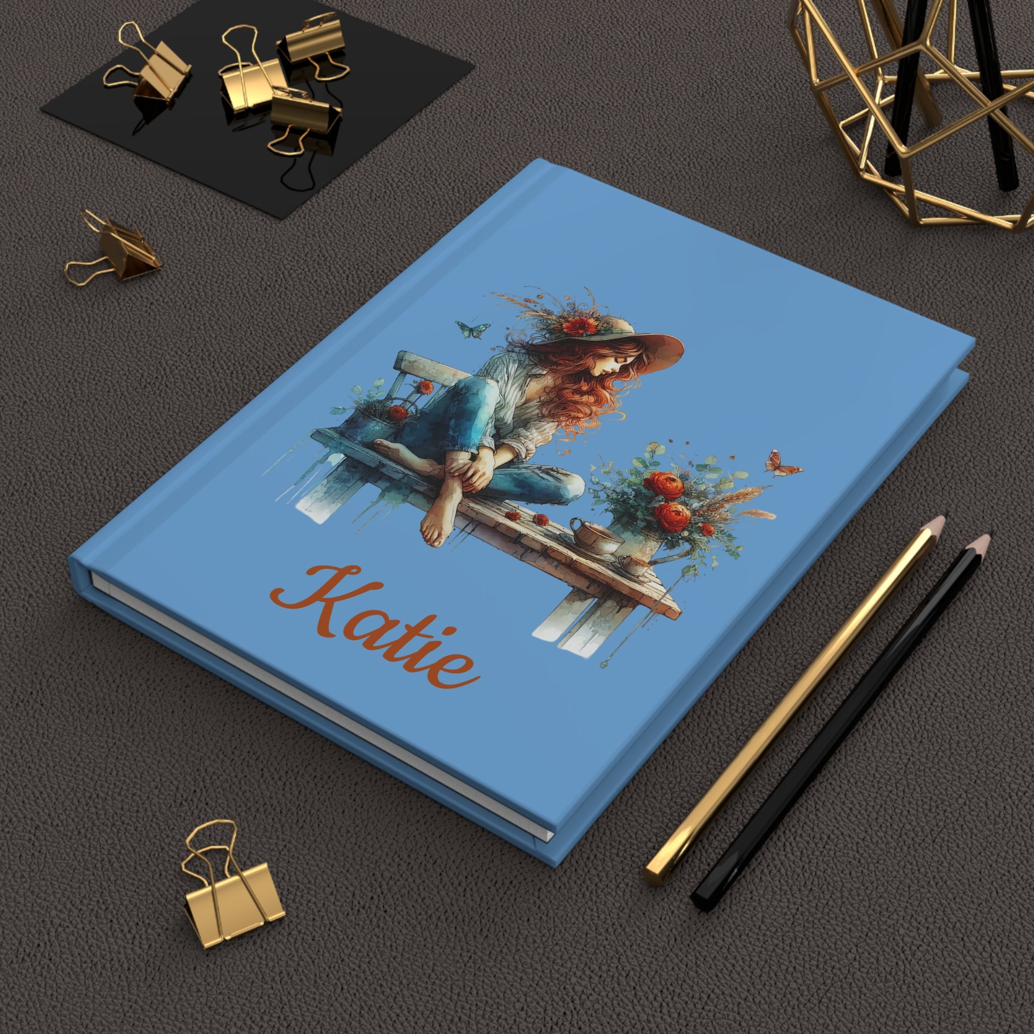 Personalized Whimsical Girl on Bench Hardcover Journal