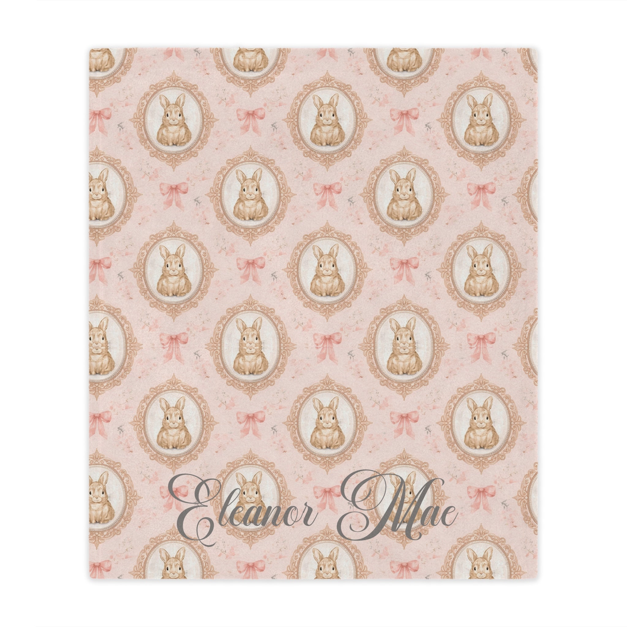 Personalized Pink Bunny Minky Blanket — Vintage Floral Nursery Throw with Name
