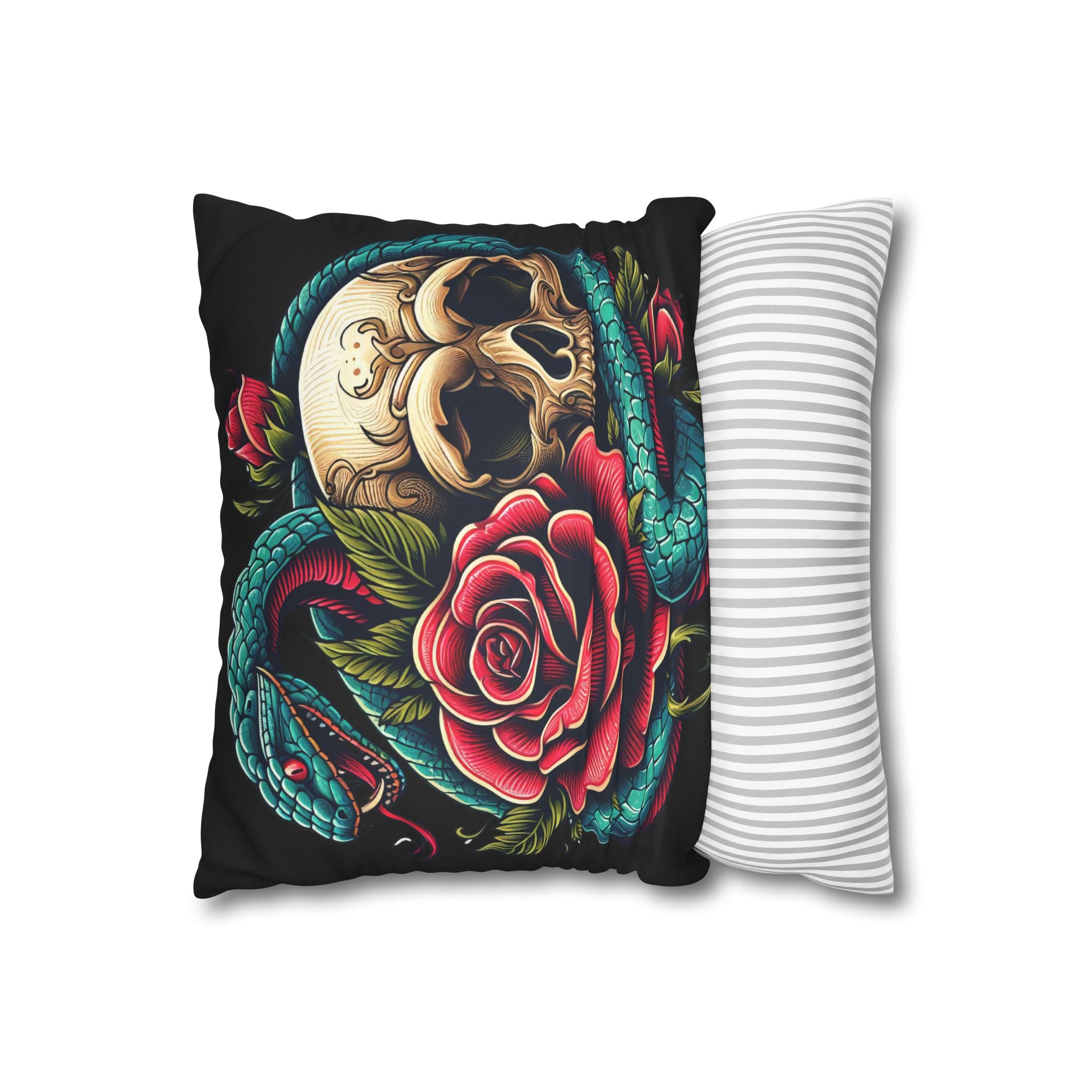 Gothic Skull, Rose & Snake Faux Suede Throw Pillow