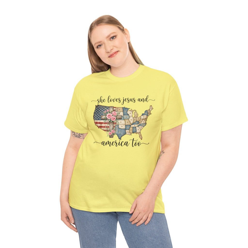 Patriotic Floral USA Tee - "She Loves Jesus and America Too" Christian Flag T-Shirt