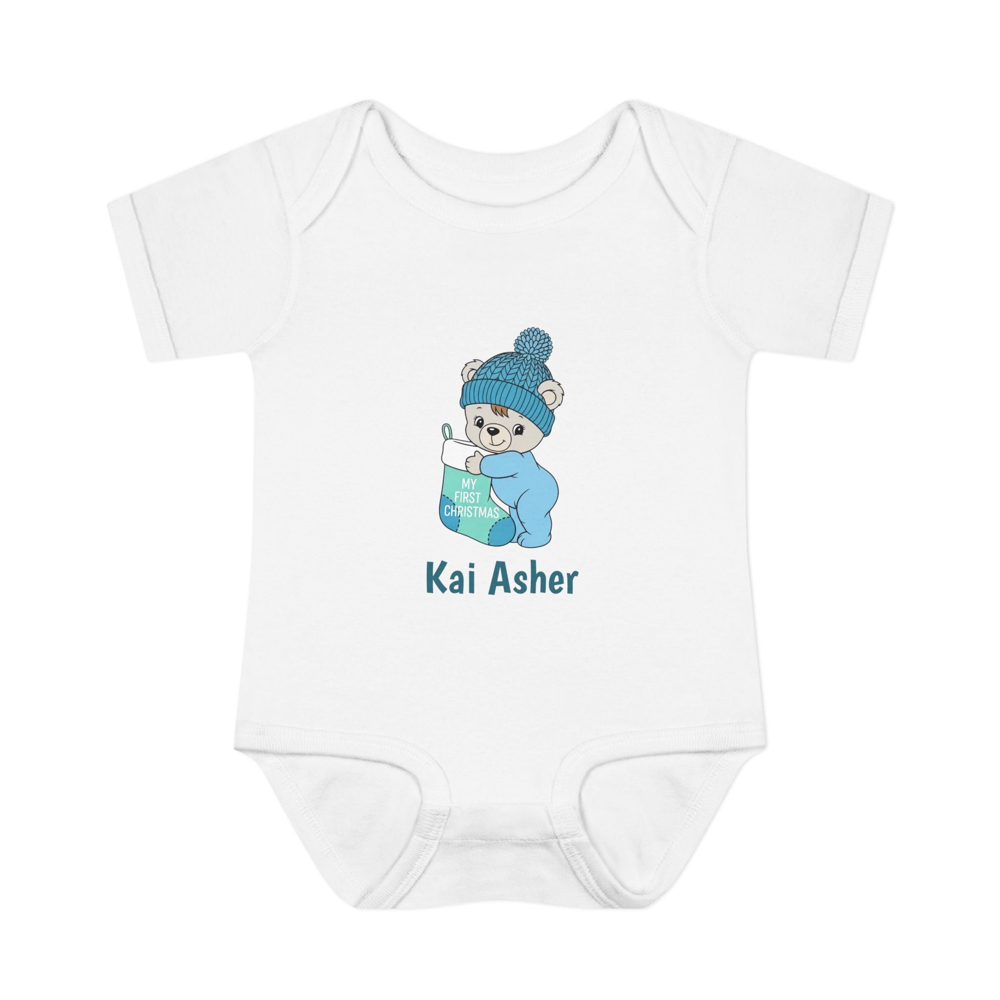 Personalized Baby Bodysuit — Blue Cozy Bear My First Christmas with Name