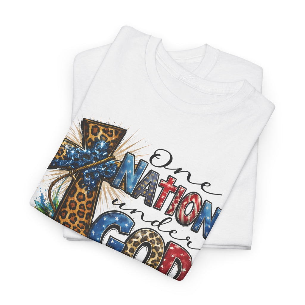 One Nation United Under God Tee — Patriotic Christian T-Shirt with Cross & Leopard Print