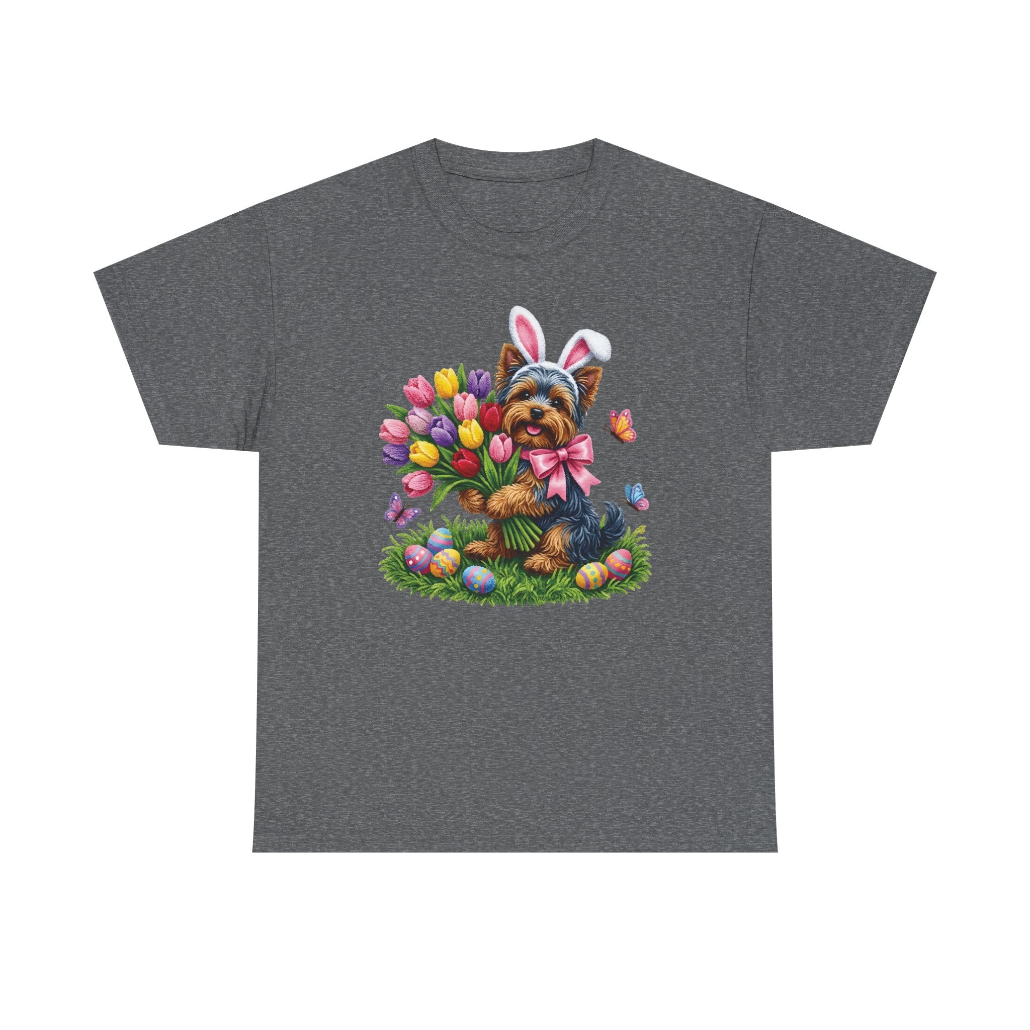 Easter Yorkie Tee — Cute Puppy with Tulips & Bunny Ears Graphic Shirt