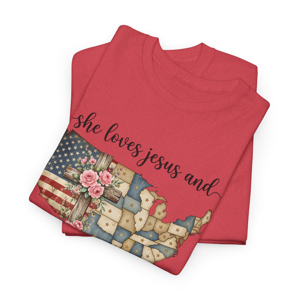 Patriotic Floral USA Tee - "She Loves Jesus and America Too" Christian Flag T-Shirt