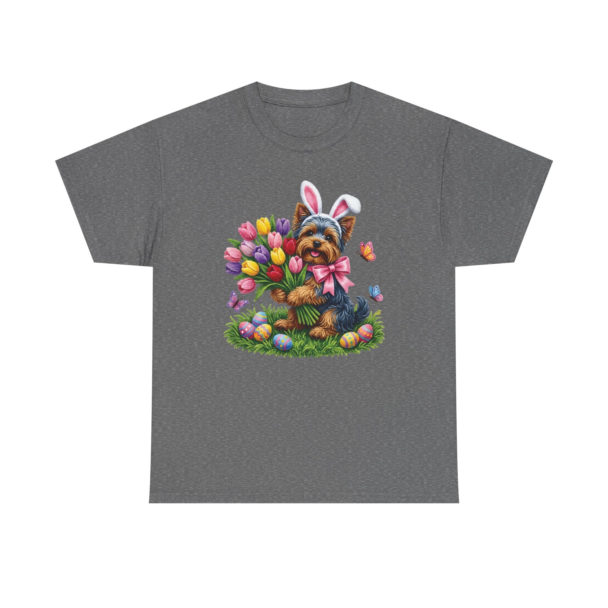 Easter Yorkie Tee — Cute Puppy with Tulips & Bunny Ears Graphic Shirt