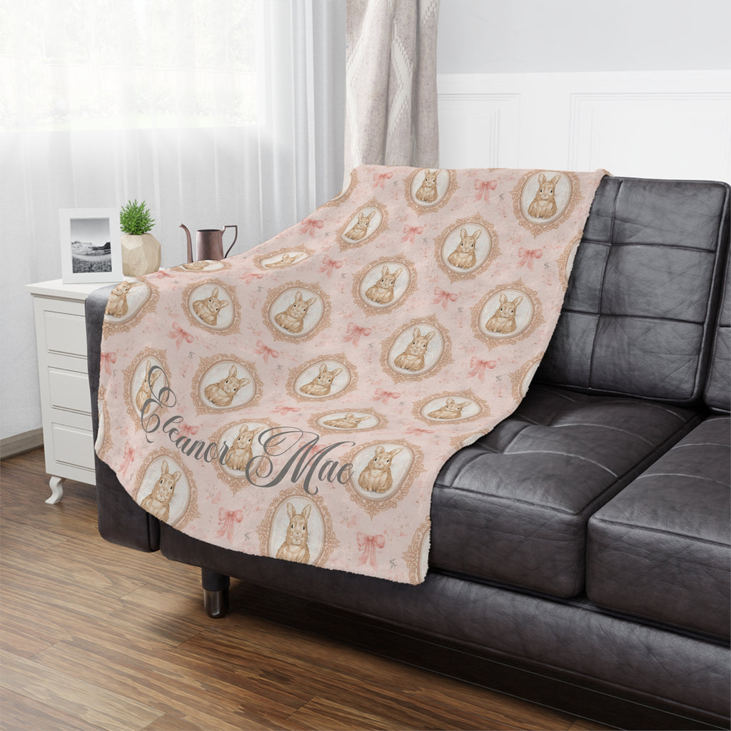 Personalized Pink Bunny Minky Blanket — Vintage Floral Nursery Throw with Name