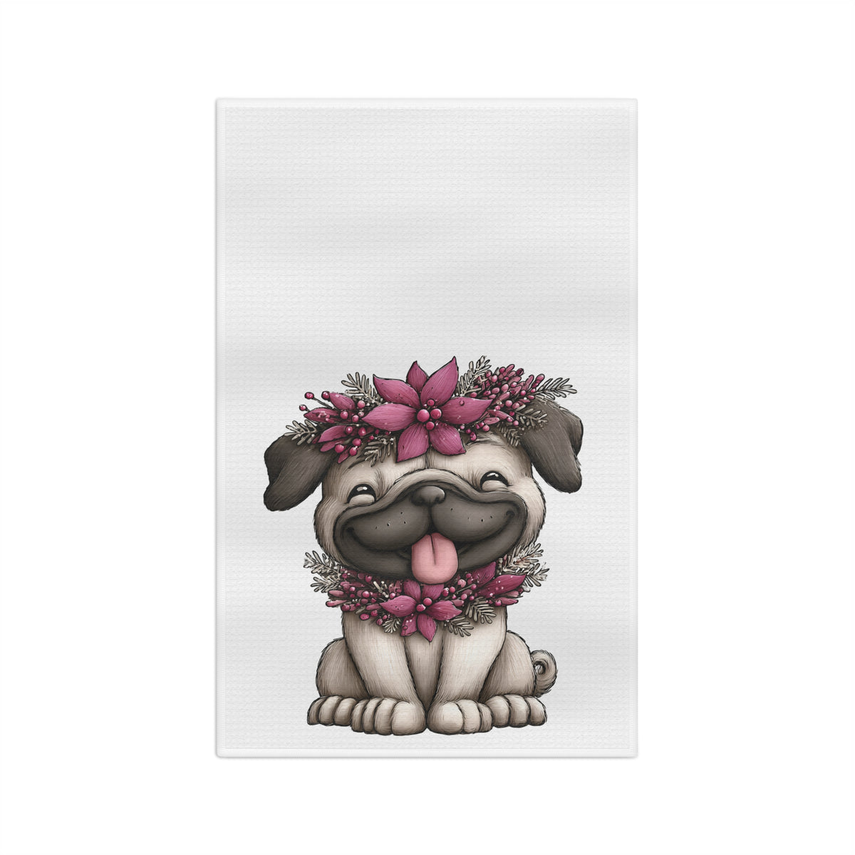 Adorable Christmas Pug Floral Microfiber Tea Towel