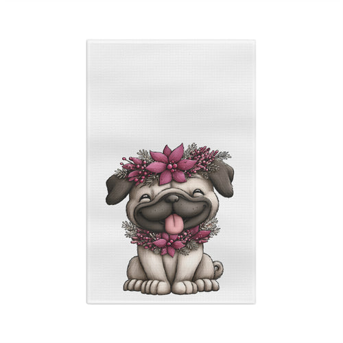 Adorable Christmas Pug Floral Microfiber Tea Towel