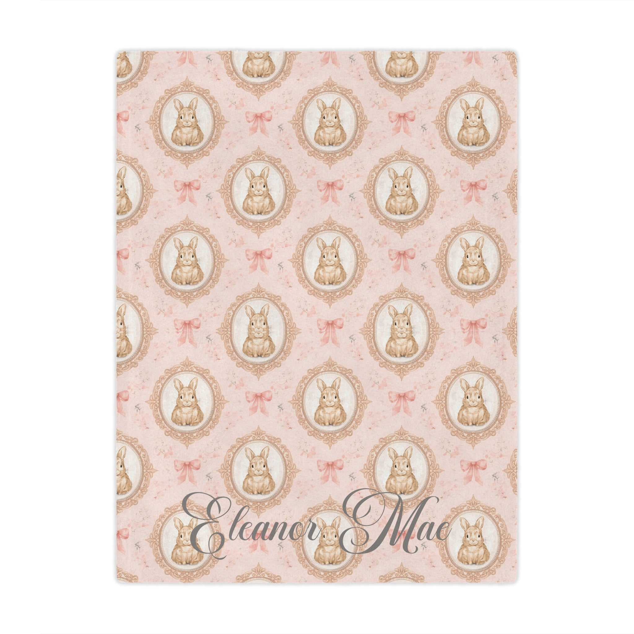 Personalized Pink Bunny Minky Blanket — Vintage Floral Nursery Throw with Name