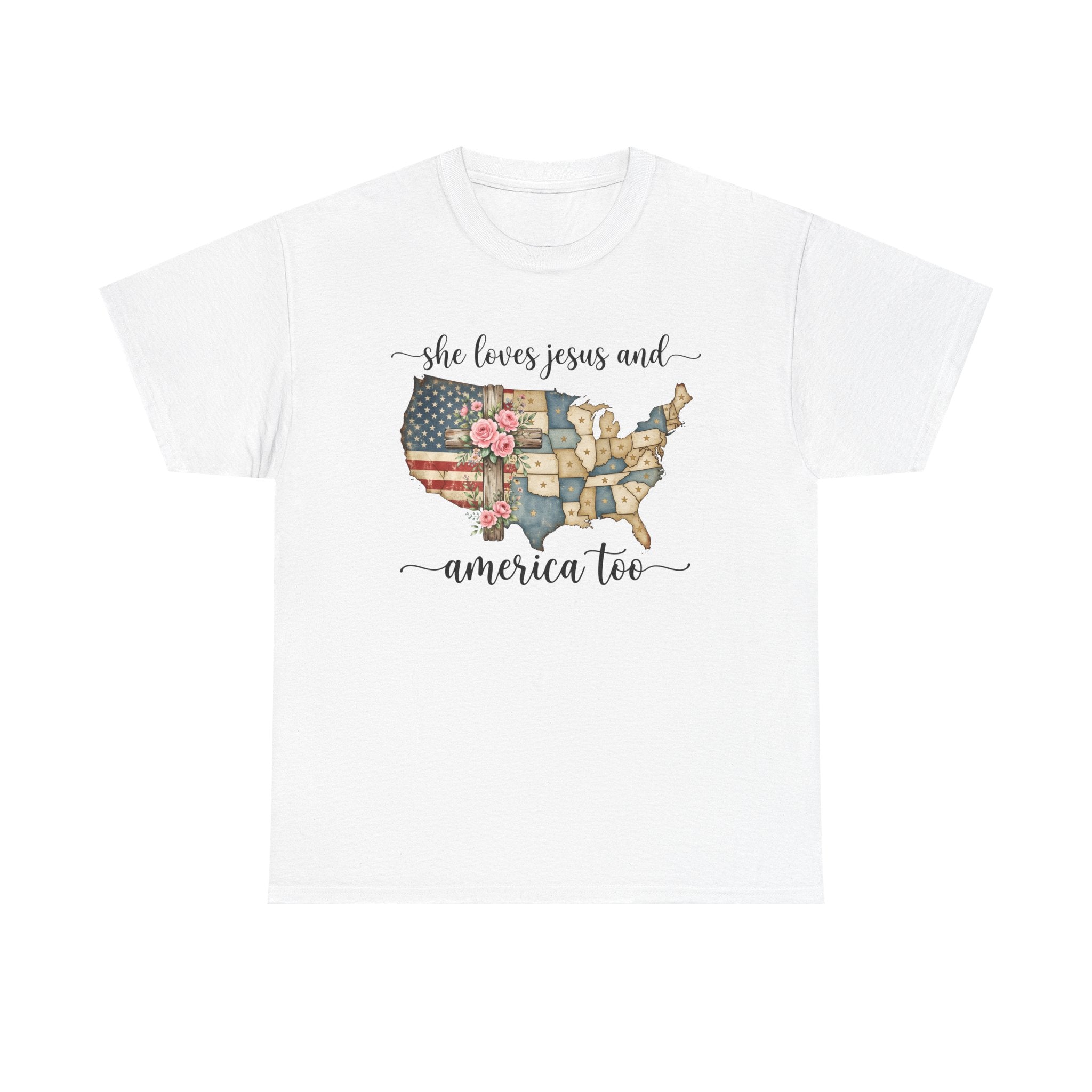 Patriotic Floral USA Tee - "She Loves Jesus and America Too" Christian Flag T-Shirt