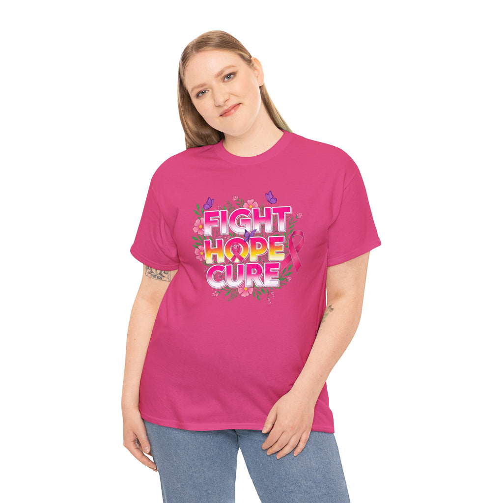 Breast Cancer Awareness Tee – "Fight Hope Cure" Pink Ribbon Floral Shirt
