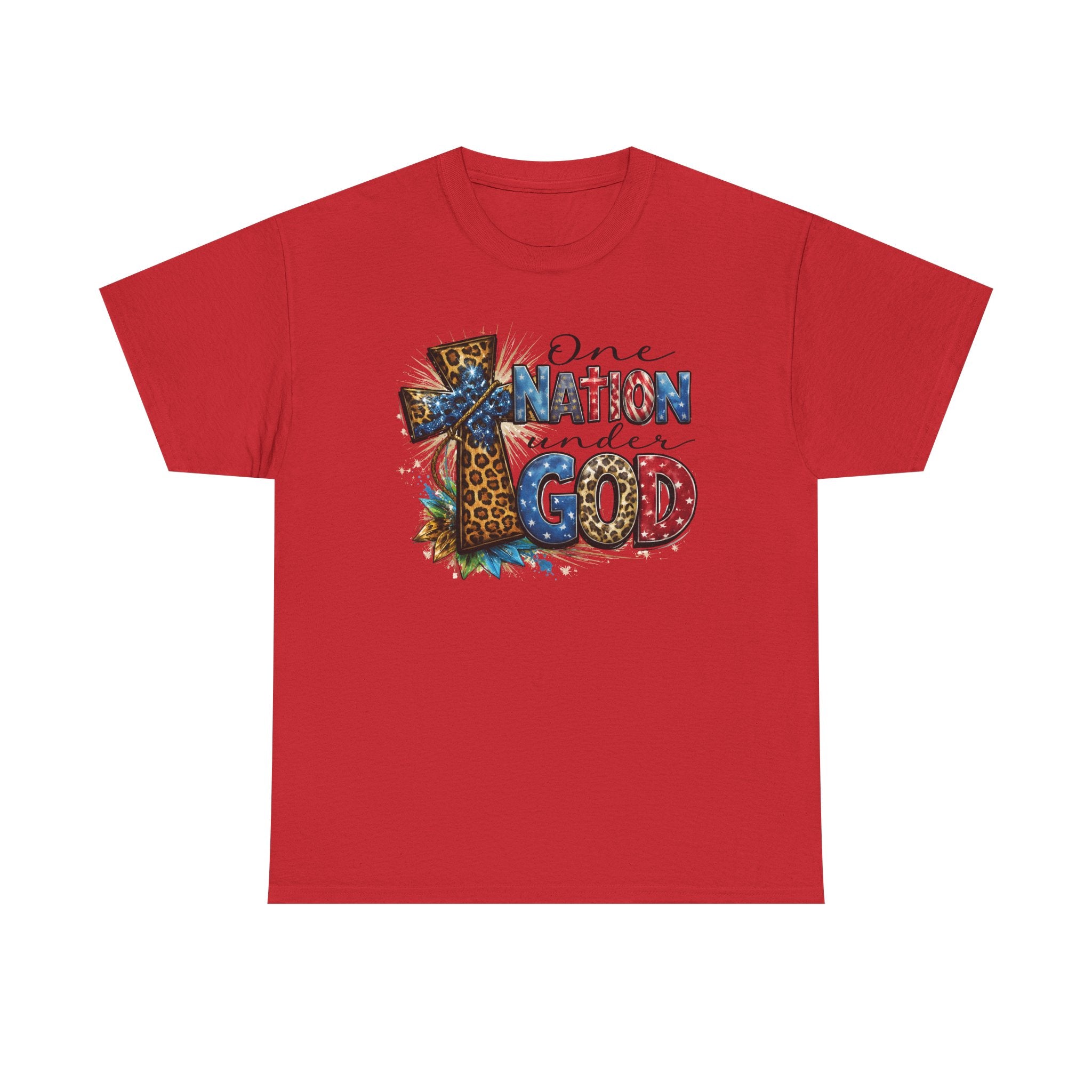 One Nation United Under God Tee — Patriotic Christian T-Shirt with Cross & Leopard Print