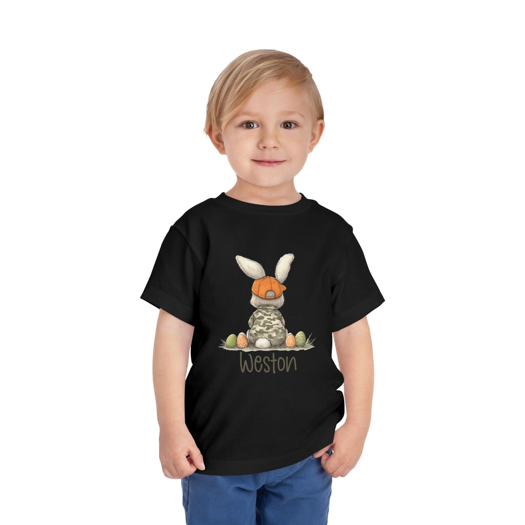 Personalized Toddler Tee — Camouflage Bunny with Orange Cap (Name Customizable)