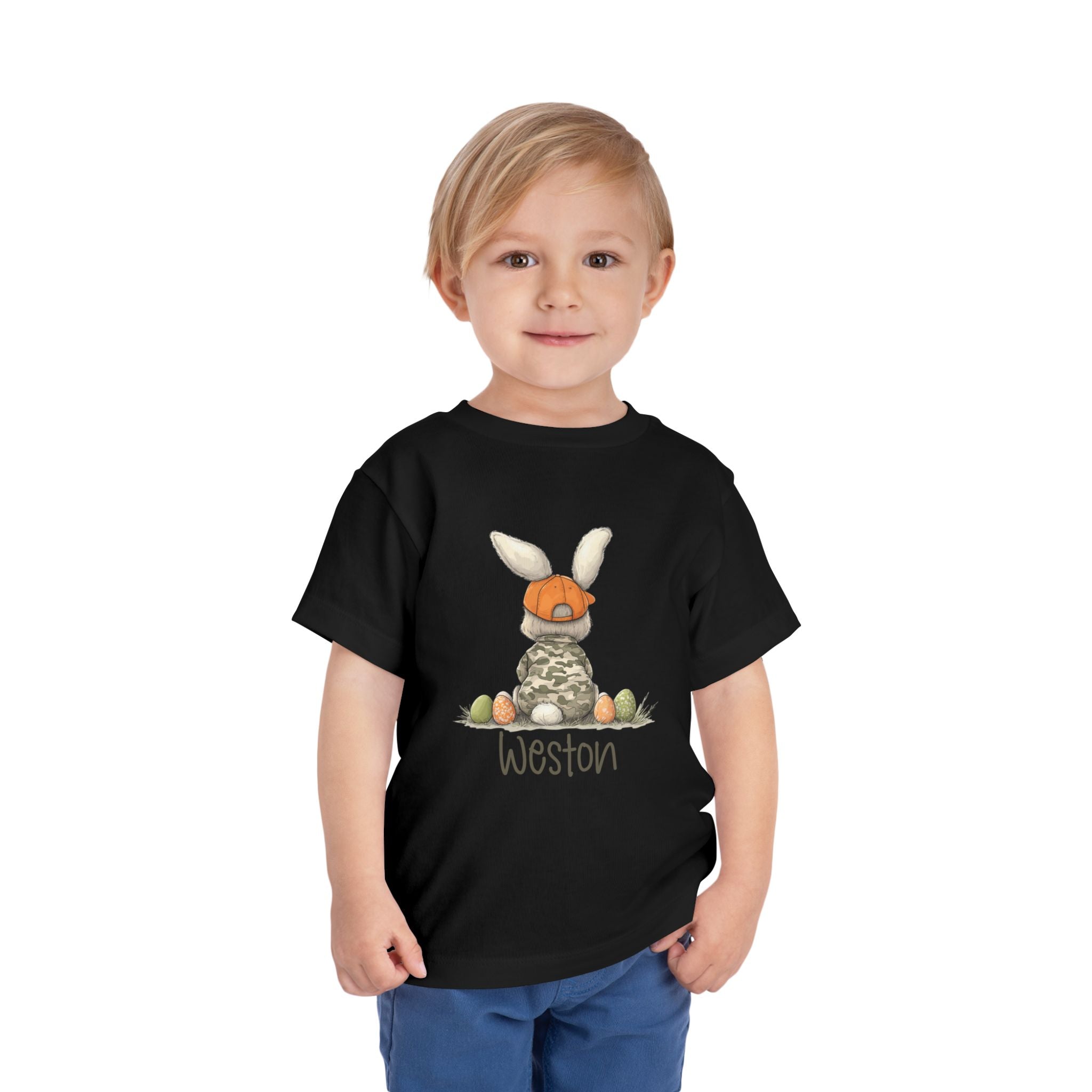 Personalized Toddler Tee — Camouflage Bunny with Orange Cap (Name Customizable)