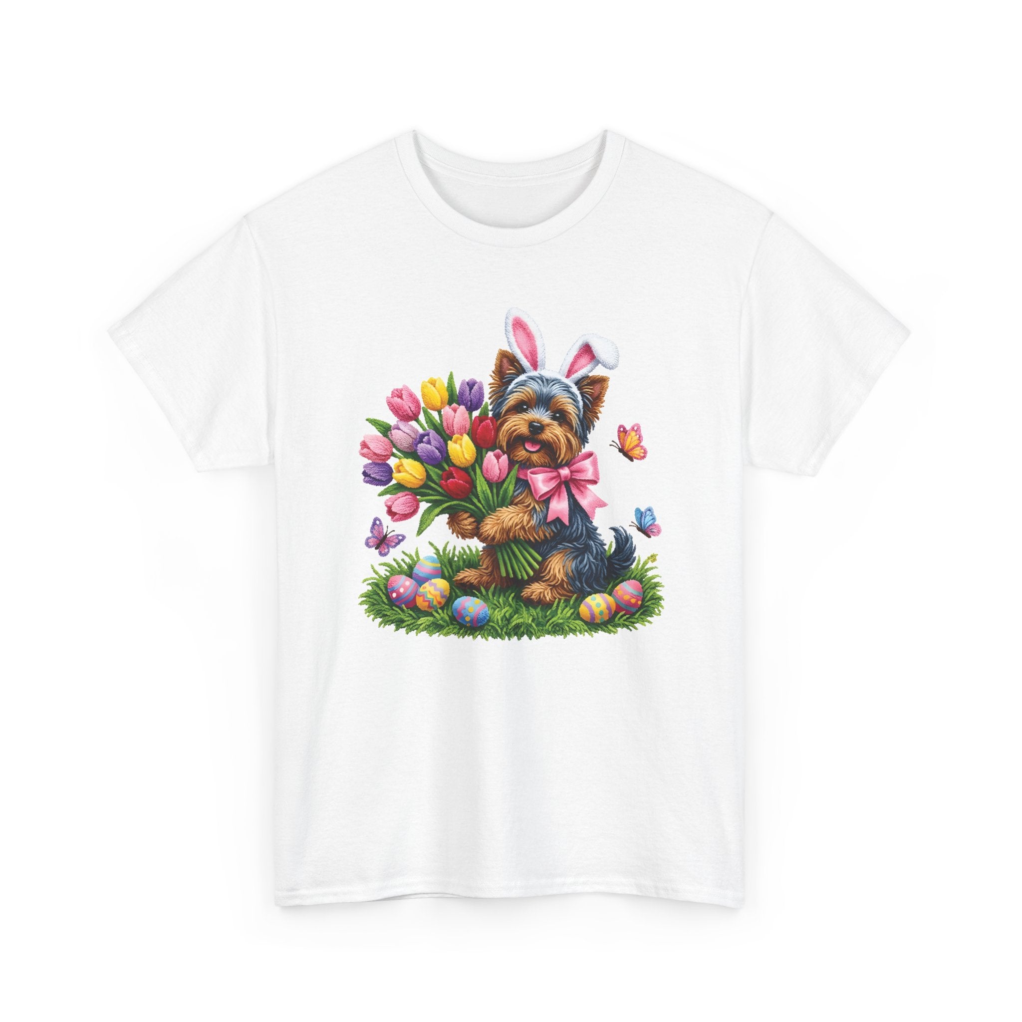 Easter Yorkie Tee — Cute Puppy with Tulips & Bunny Ears Graphic Shirt