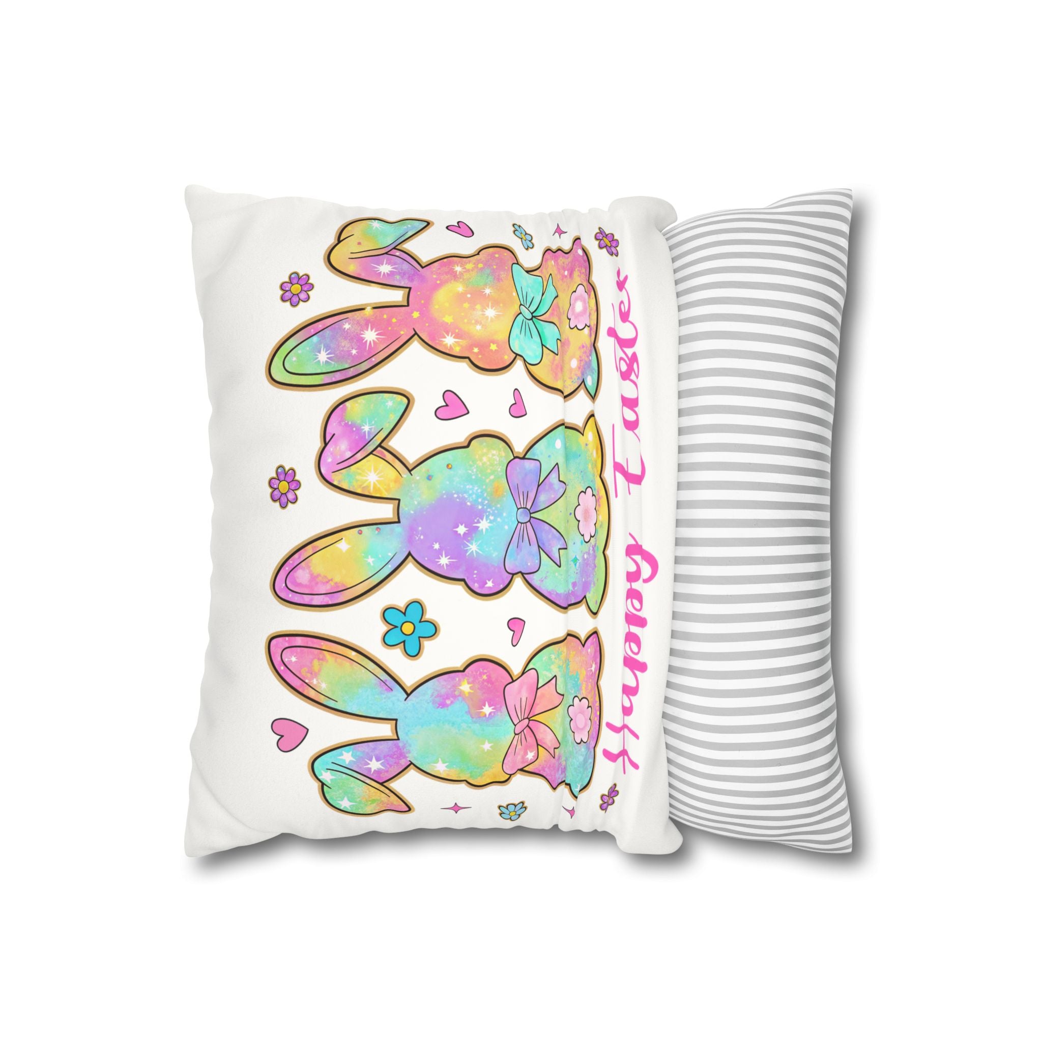 Easter Bunny Pillowcase – Pastel Rainbow "Happy Easter" Faux Suede Throw Pillow Cover