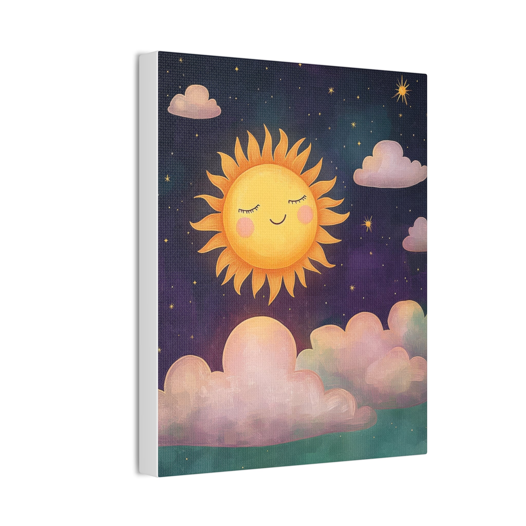 Sunshine Dreams Canvas Wall Art — Cute Smiling Sun with Clouds Nursery Decor