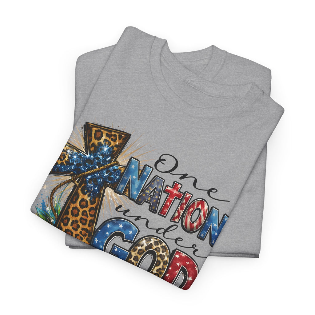 One Nation United Under God Tee — Patriotic Christian T-Shirt with Cross & Leopard Print
