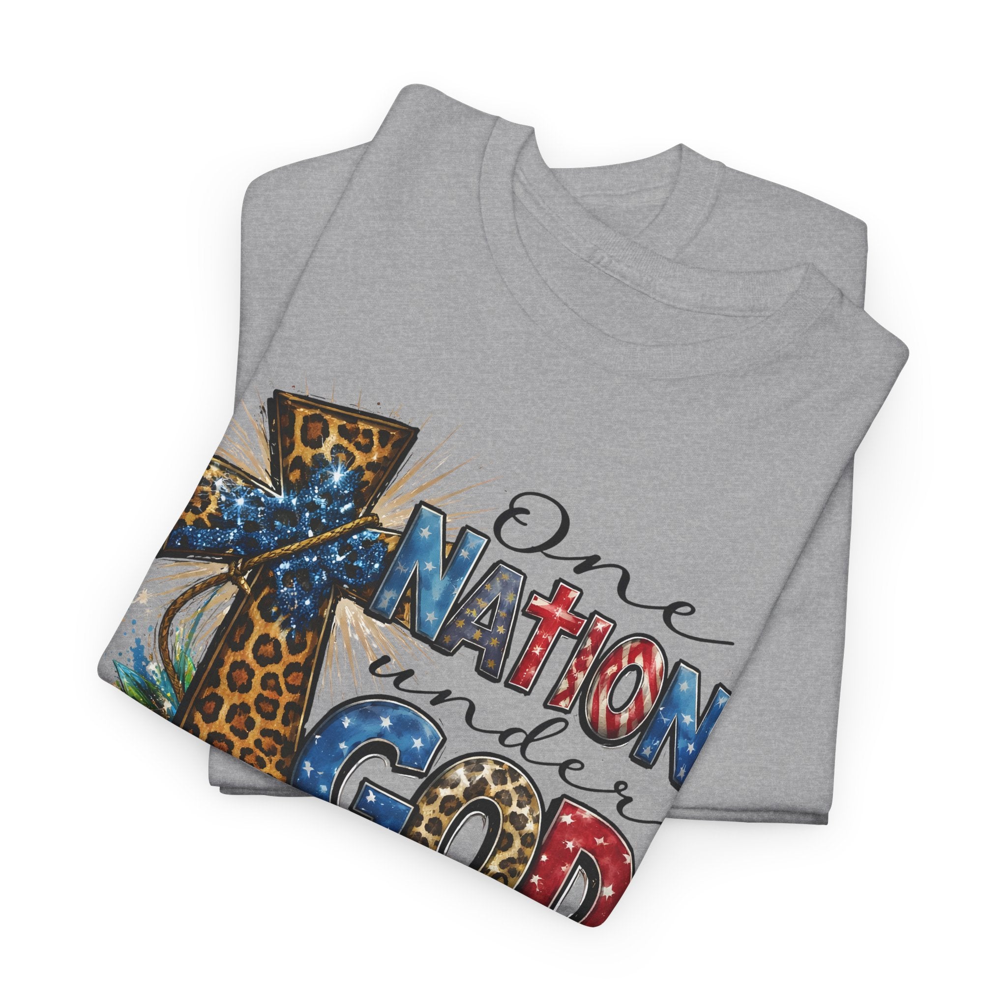 One Nation United Under God Tee — Patriotic Christian T-Shirt with Cross & Leopard Print