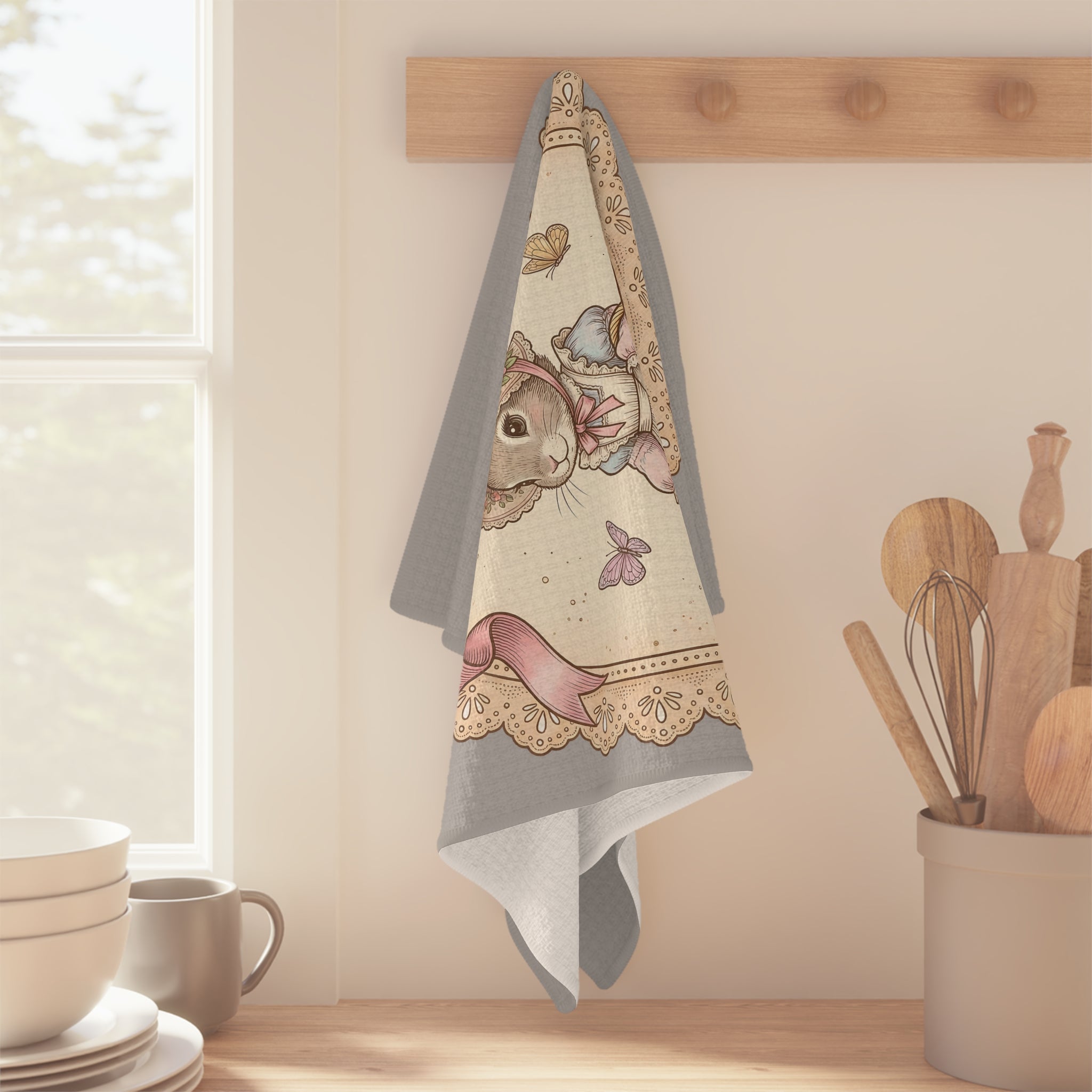 Easter Bunny Vintage Tea Towel — Microfiber Kitchen Towel with Basket & Chicks Design