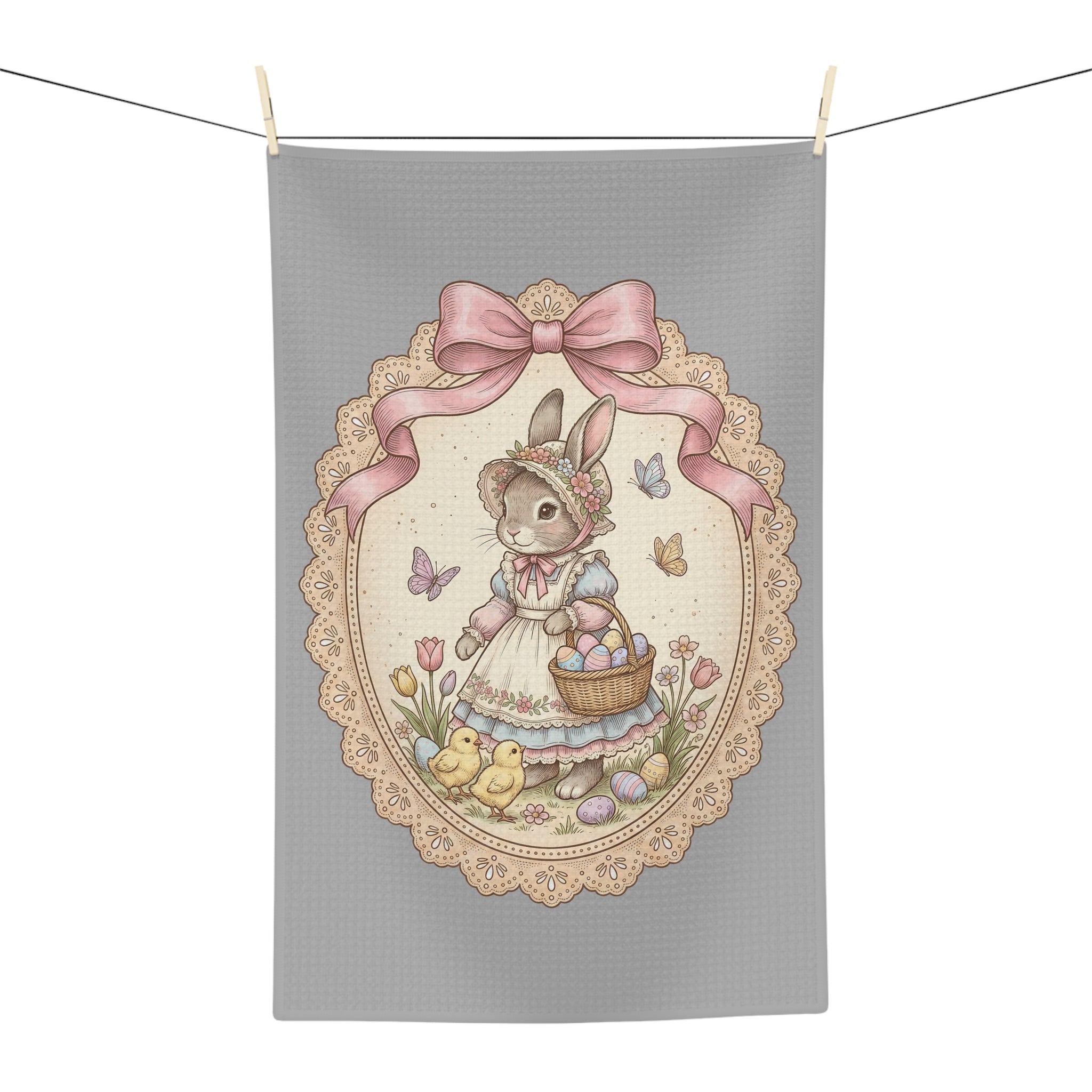 Easter Bunny Vintage Tea Towel — Microfiber Kitchen Towel with Basket & Chicks Design