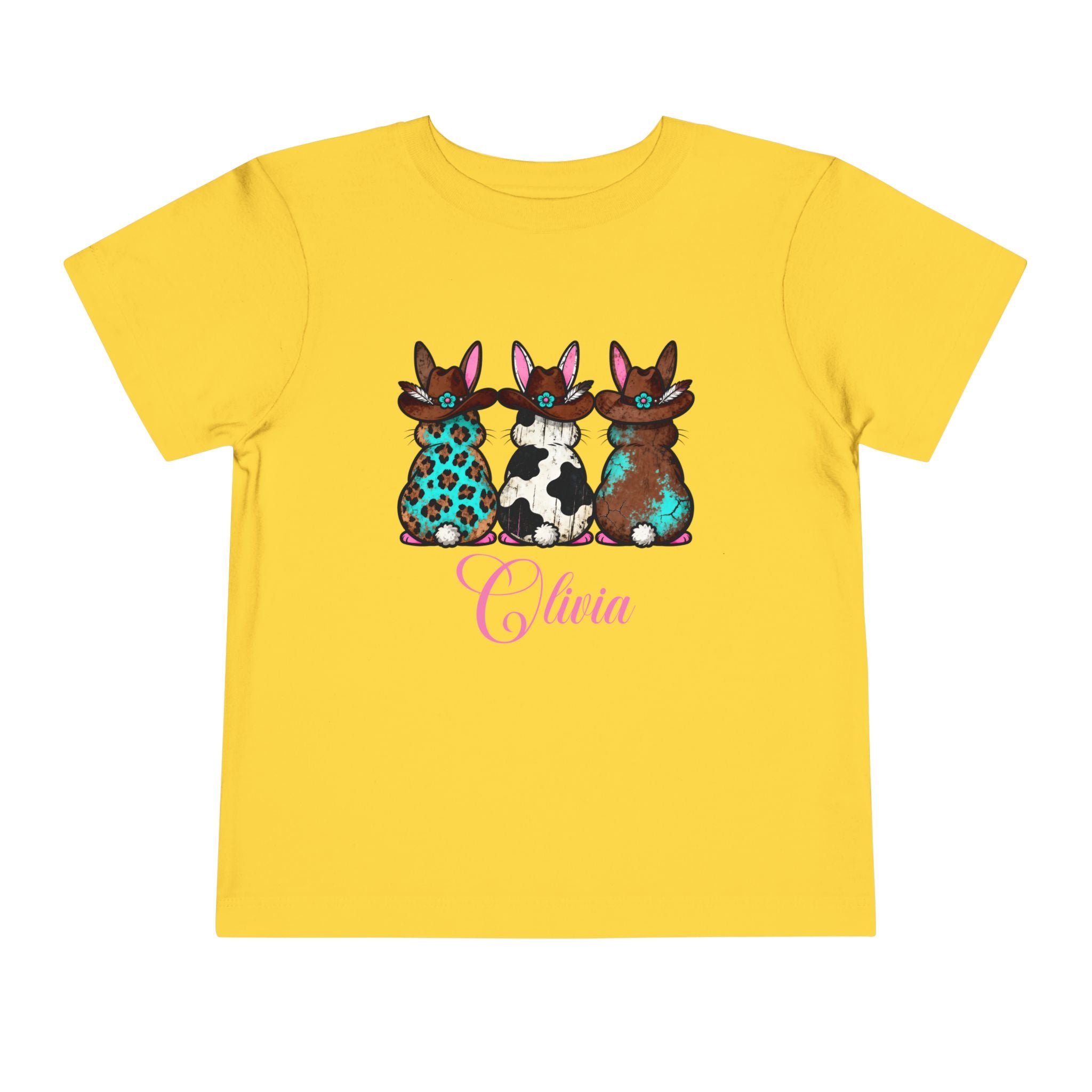 Personalized Toddler Tee — Floral Bow Bunny Trio with Name