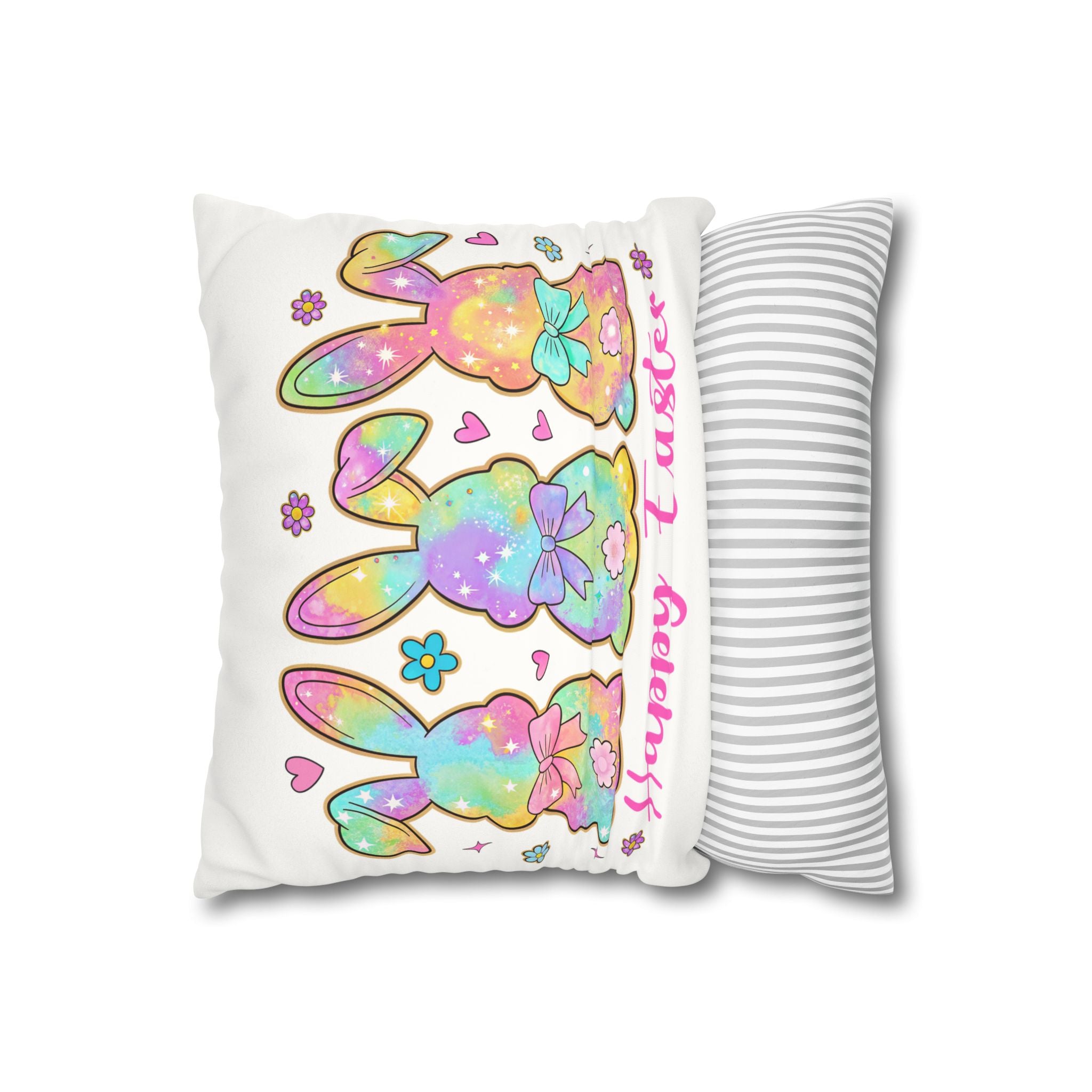 Easter Bunny Pillowcase – Pastel Rainbow "Happy Easter" Faux Suede Throw Pillow Cover