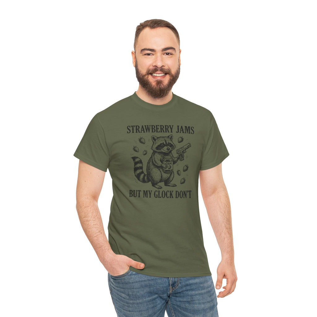 Strawberry Jams But My Glock Don’t T-Shirt — Funny Raccoon Gun Graphic Tee