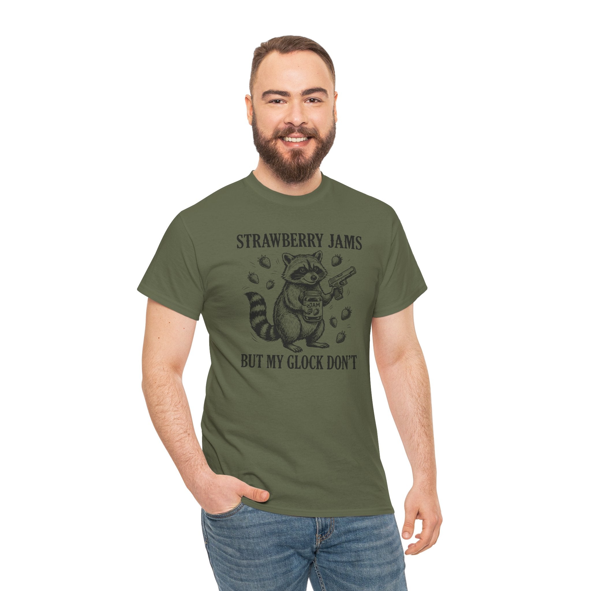 Strawberry Jams But My Glock Don’t T-Shirt — Funny Raccoon Gun Graphic Tee