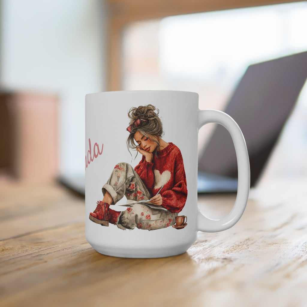 15oz Ceramic Mug — Cozy Girl Reading Design with Personalized Name