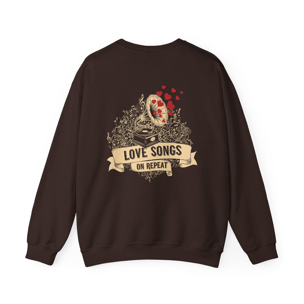 Love Songs Crewneck Sweatshirt — Vintage Gramophone "Love Songs on Repeat"