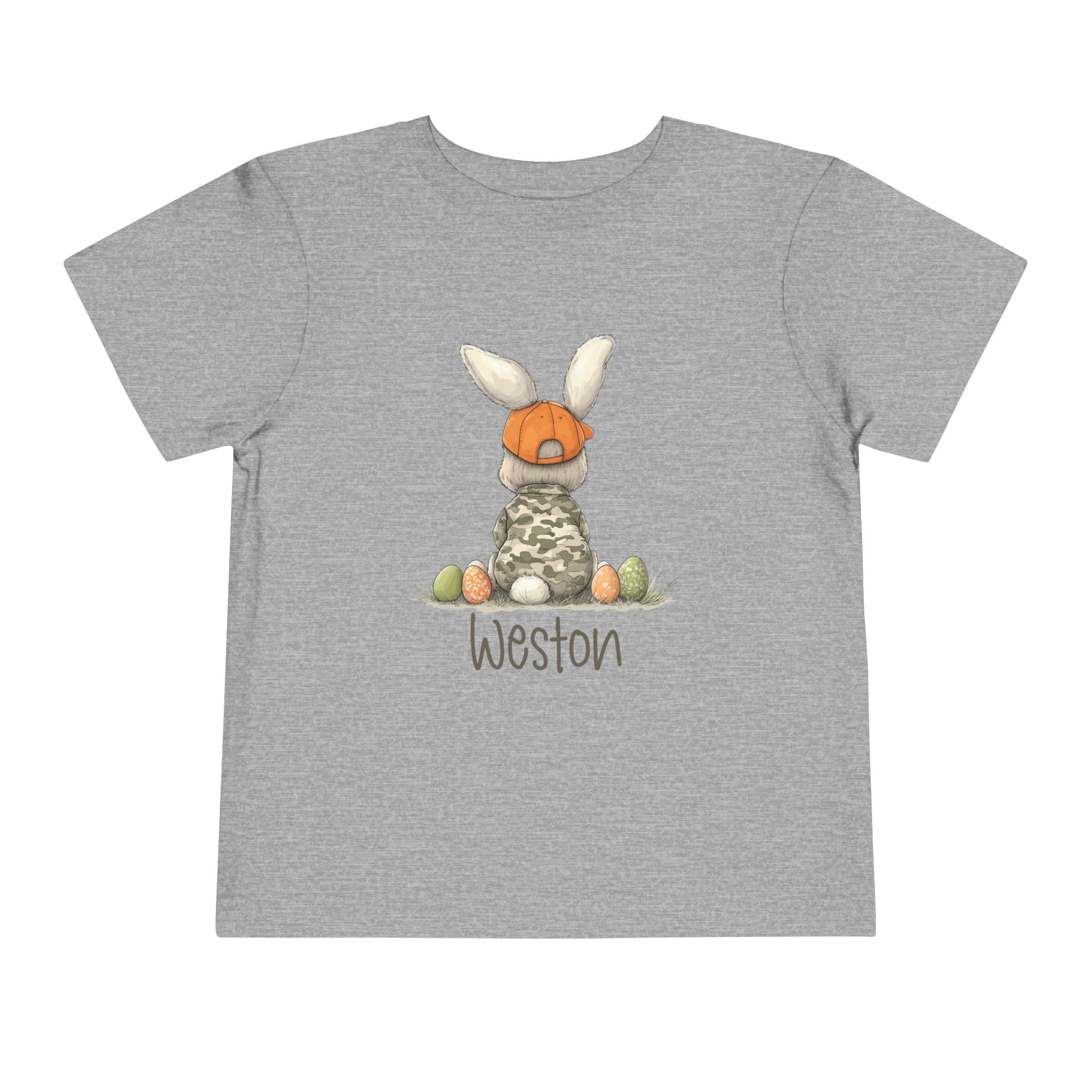 Personalized Toddler Tee — Camouflage Bunny with Orange Cap (Name Customizable)