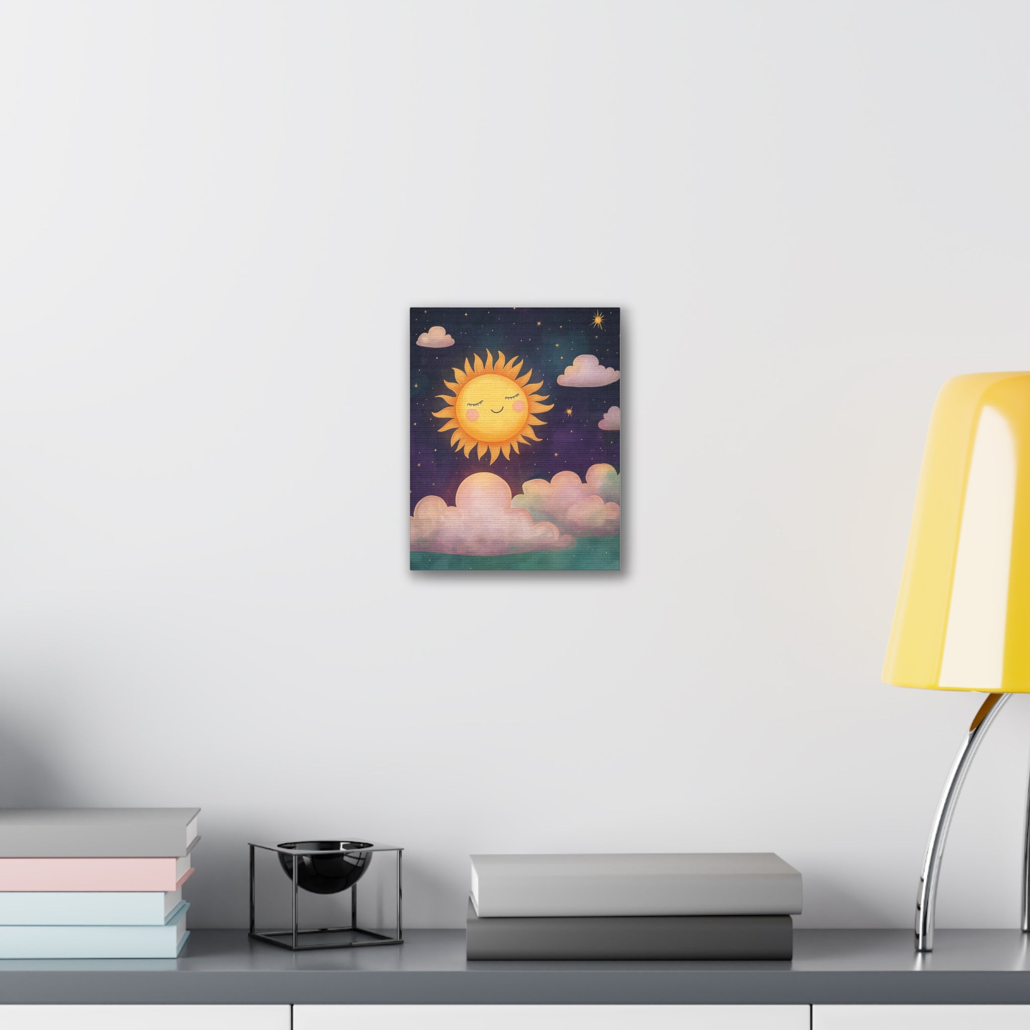 Sunshine Dreams Canvas Wall Art — Cute Smiling Sun with Clouds Nursery Decor