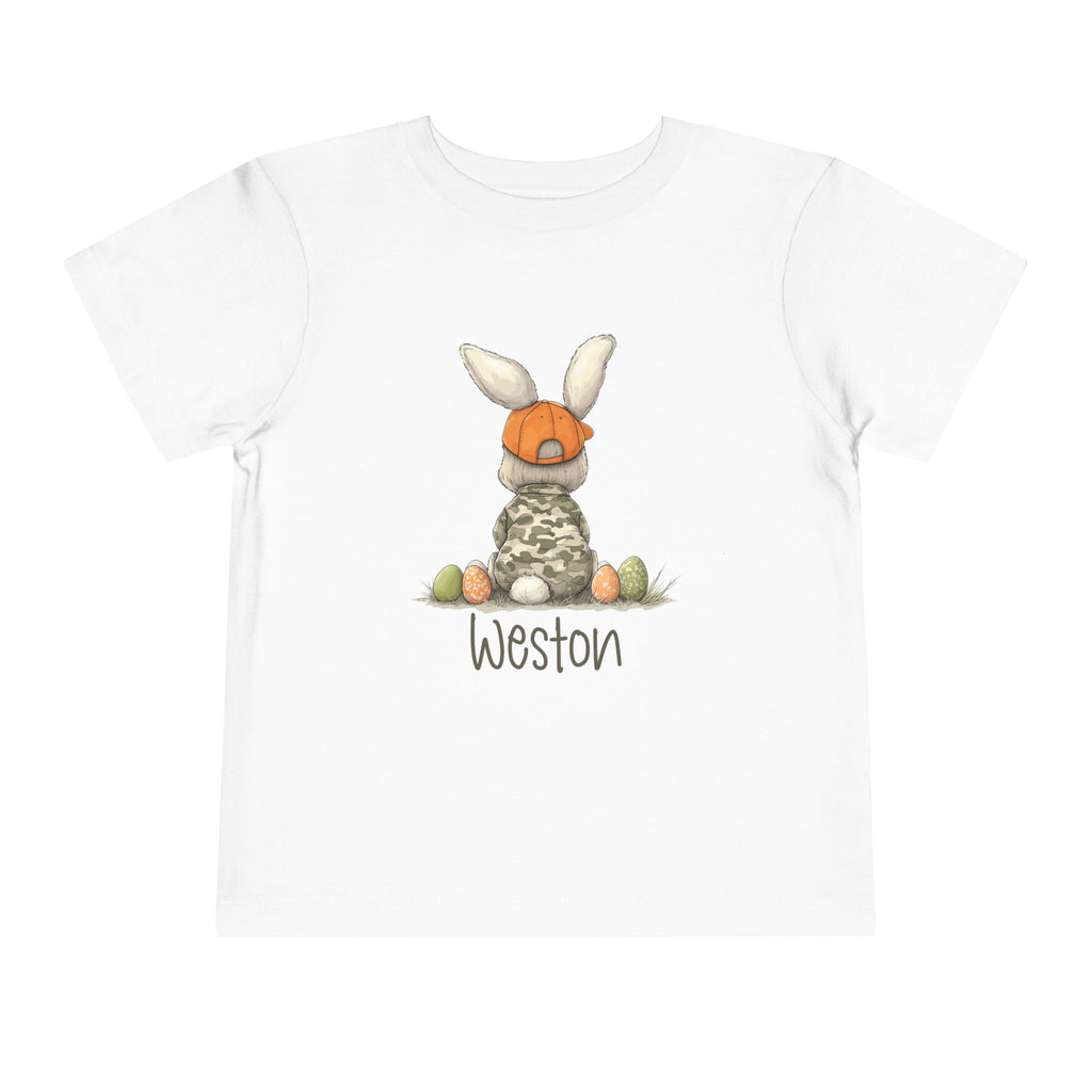 Personalized Toddler Tee — Camouflage Bunny with Orange Cap (Name Customizable)