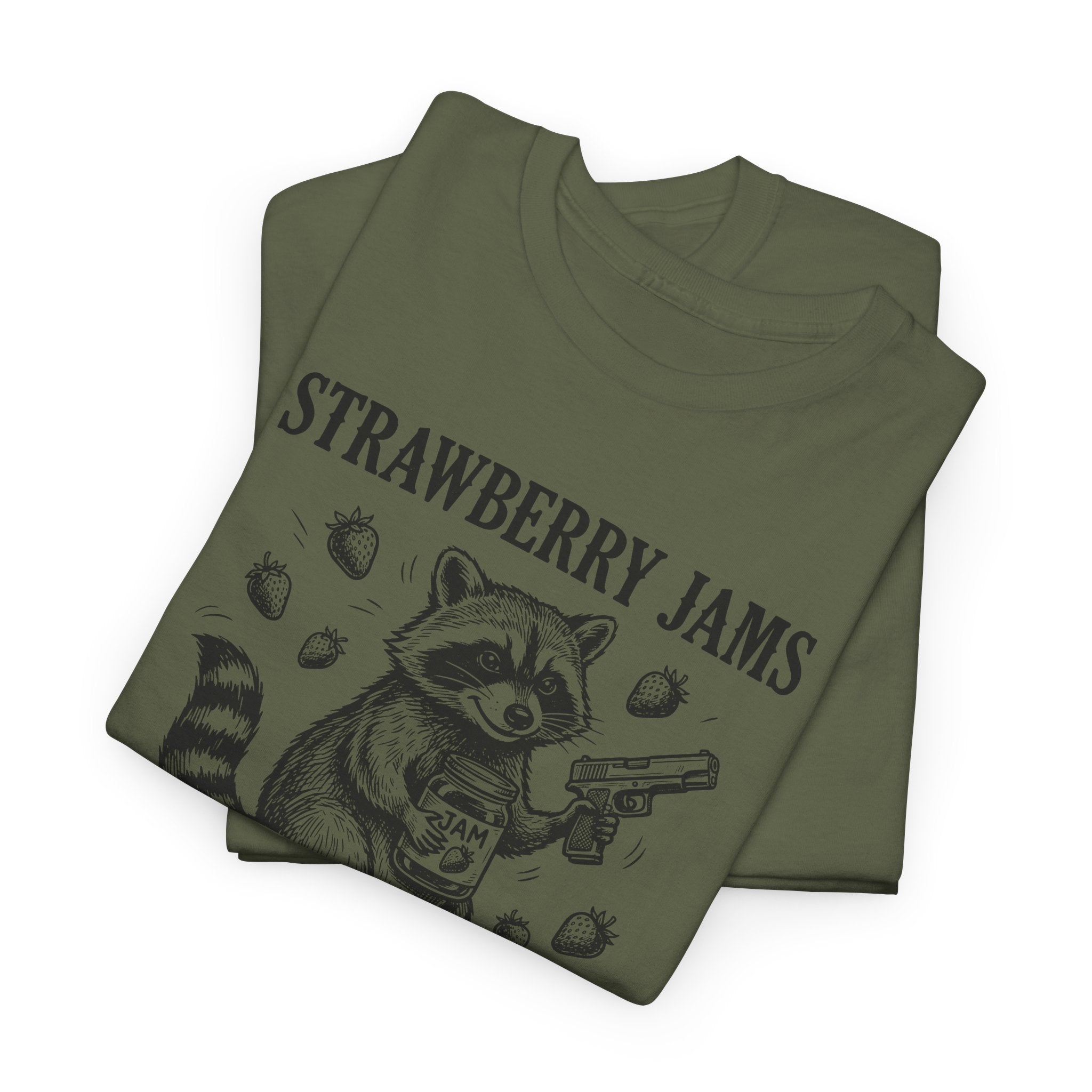 Strawberry Jams But My Glock Don’t T-Shirt — Funny Raccoon Gun Graphic Tee