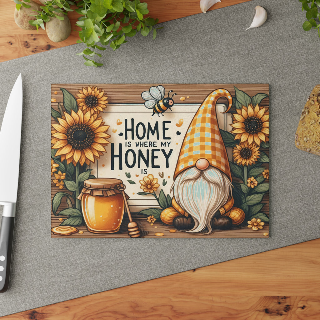 Charming Gnome Glass Cutting Board - Home is Where My Honey Is