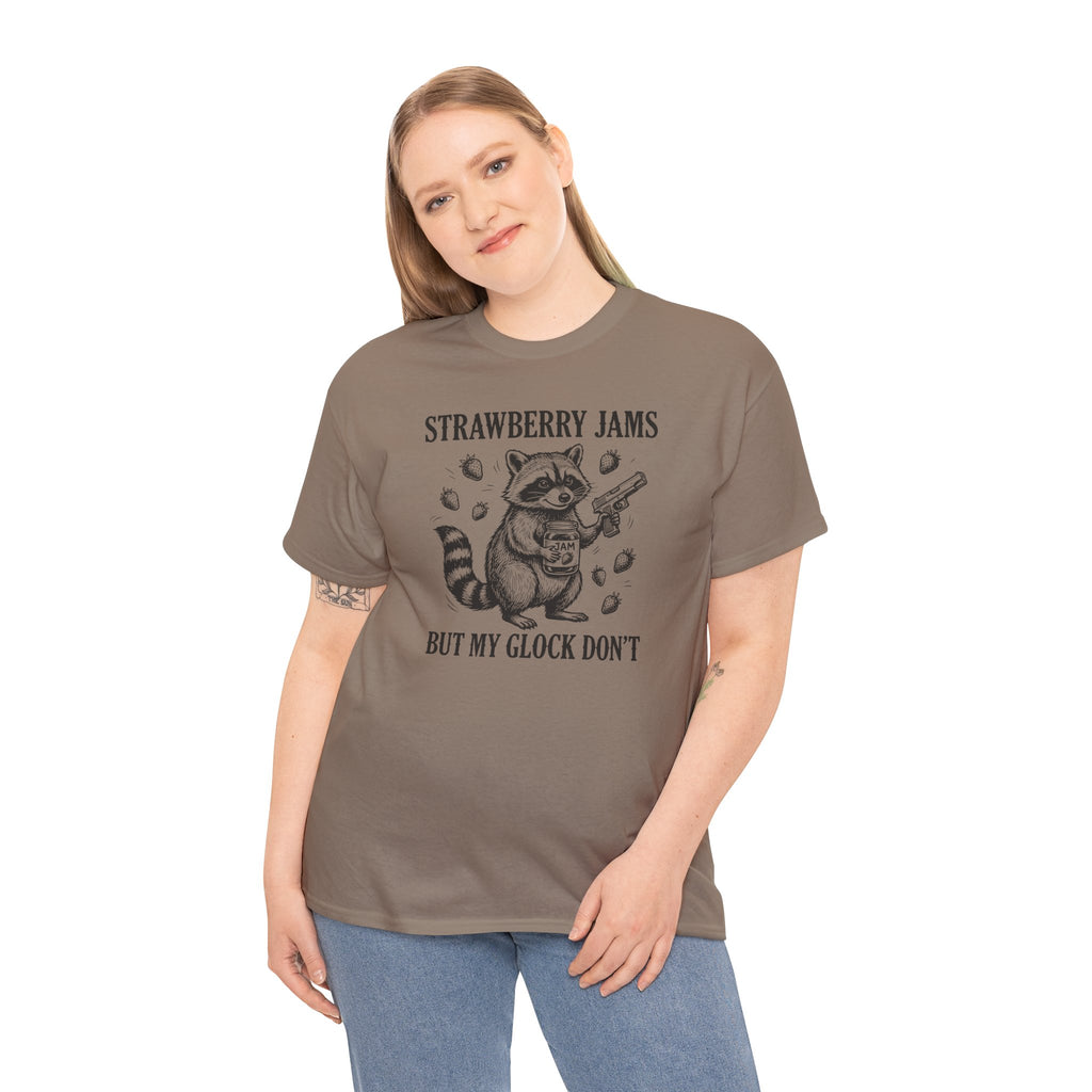 Strawberry Jams But My Glock Don’t T-Shirt — Funny Raccoon Gun Graphic Tee