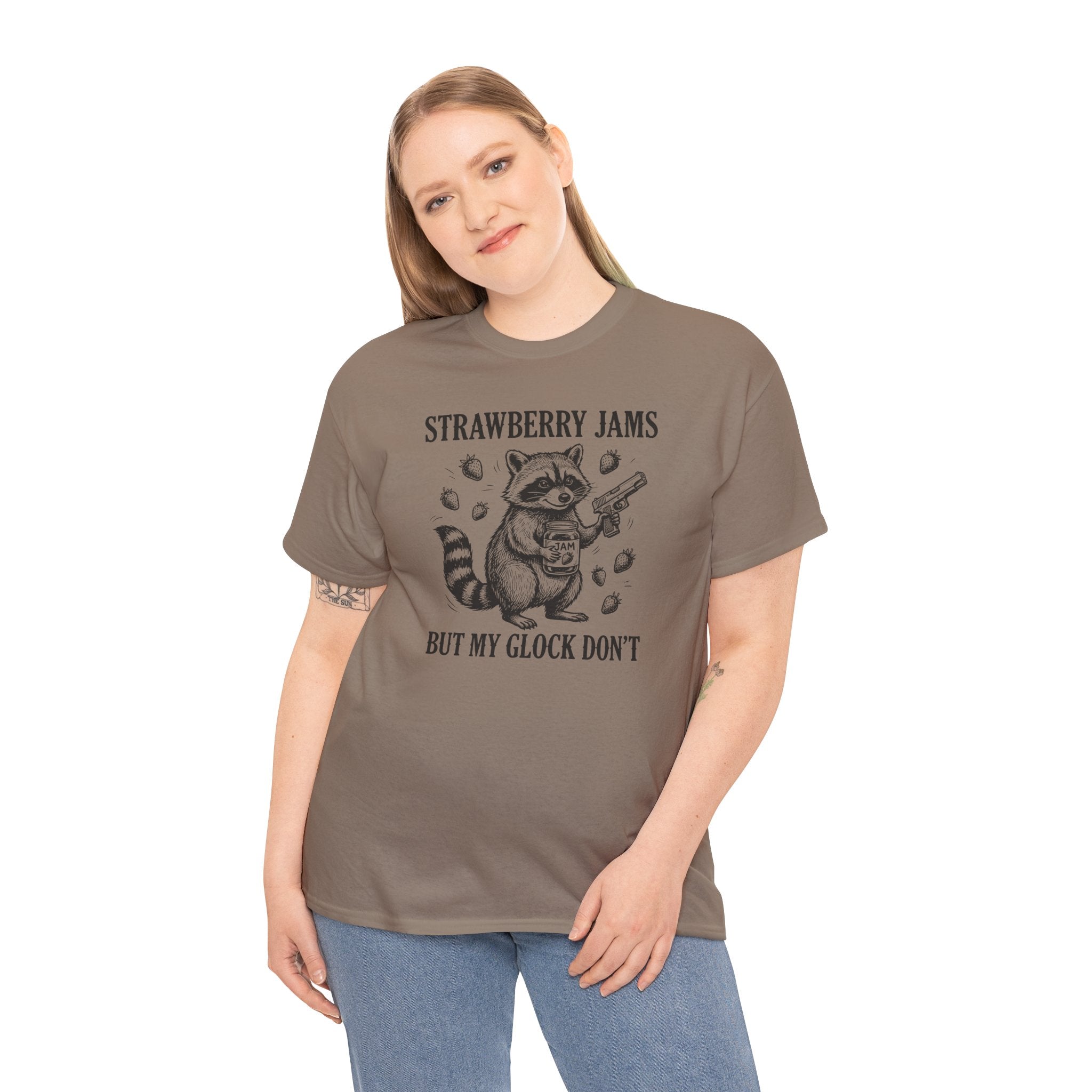 Strawberry Jams But My Glock Don’t T-Shirt — Funny Raccoon Gun Graphic Tee