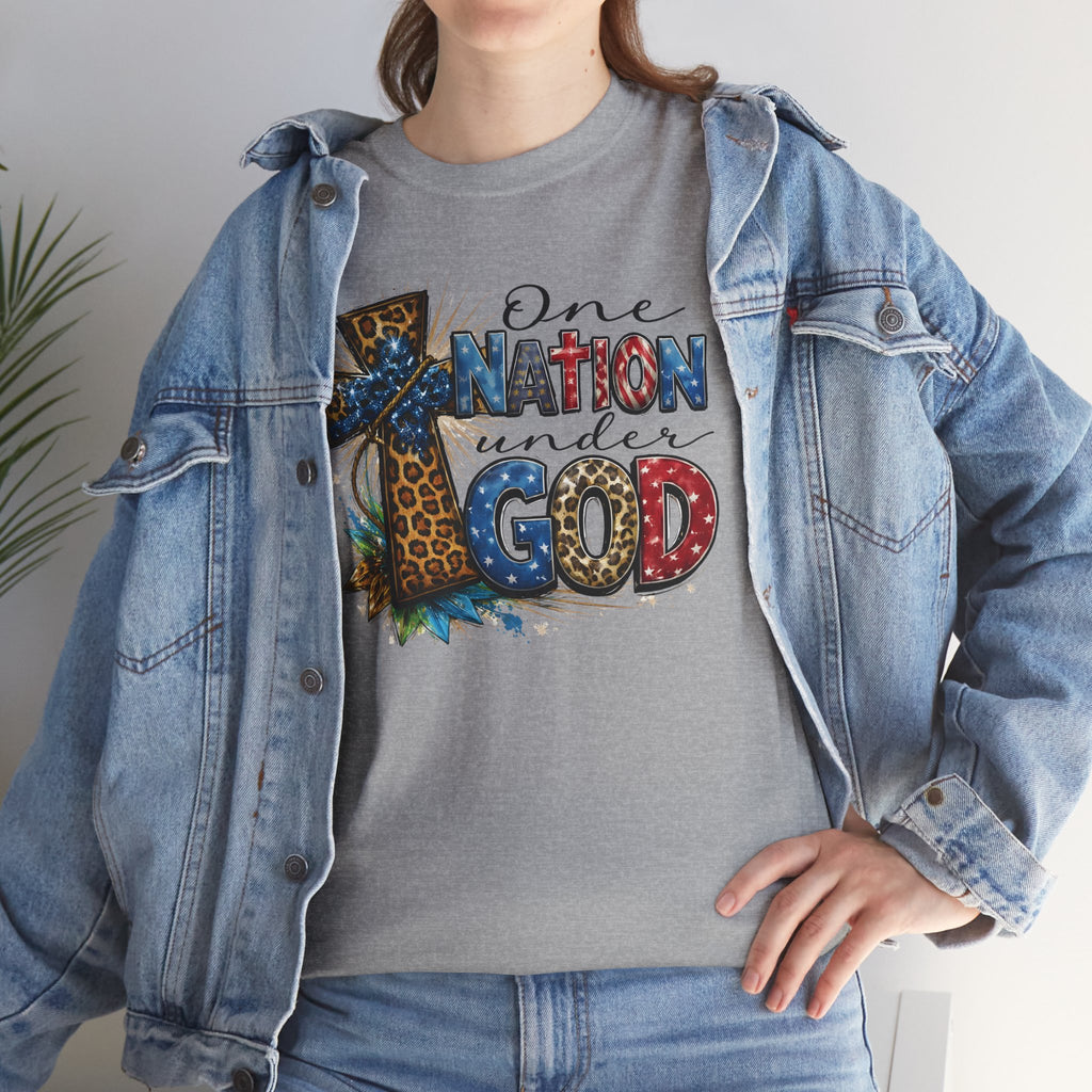 One Nation United Under God Tee — Patriotic Christian T-Shirt with Cross & Leopard Print