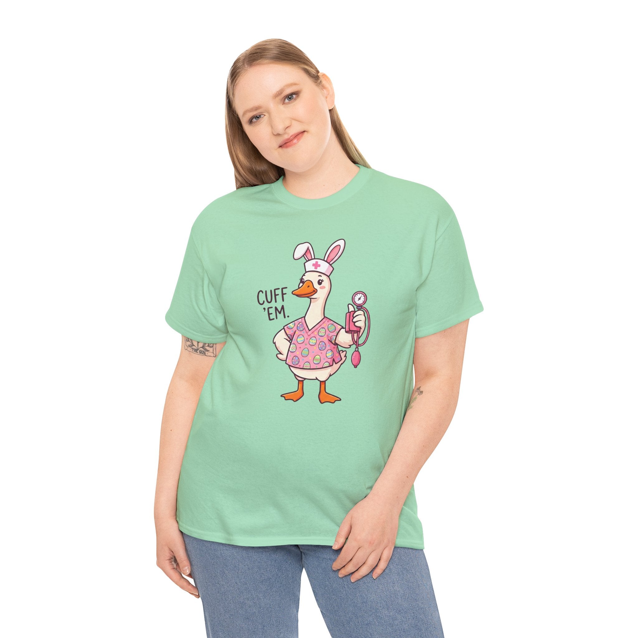 Nurse Goose in Bunny Costume T‑Shirt — "Cuff 'Em" Cute Novelty Tee