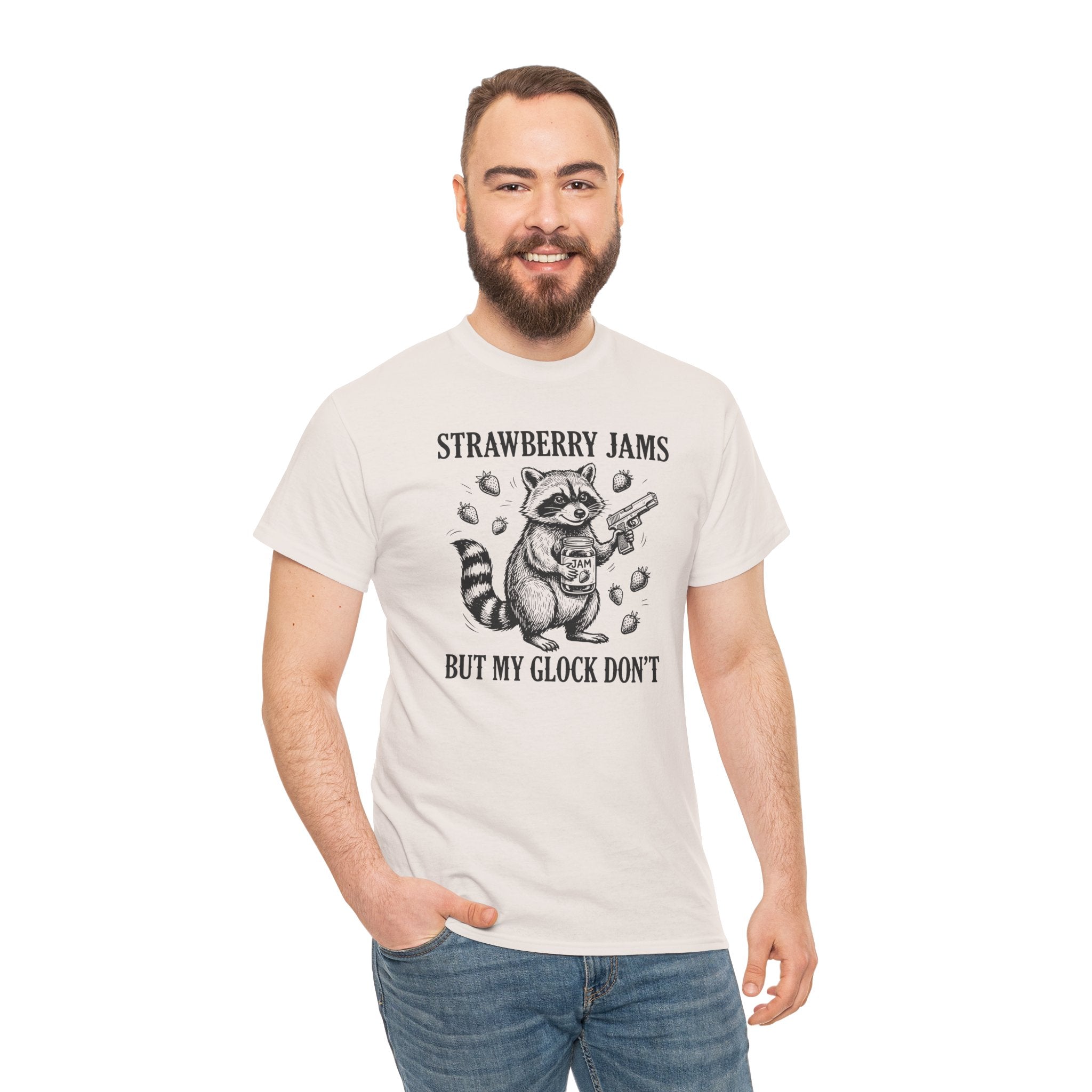 Strawberry Jams But My Glock Don’t T-Shirt — Funny Raccoon Gun Graphic Tee