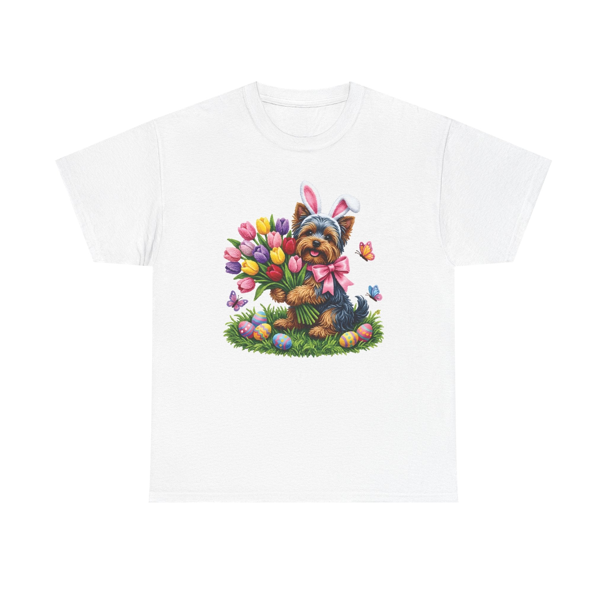 Easter Yorkie Tee — Cute Puppy with Tulips & Bunny Ears Graphic Shirt