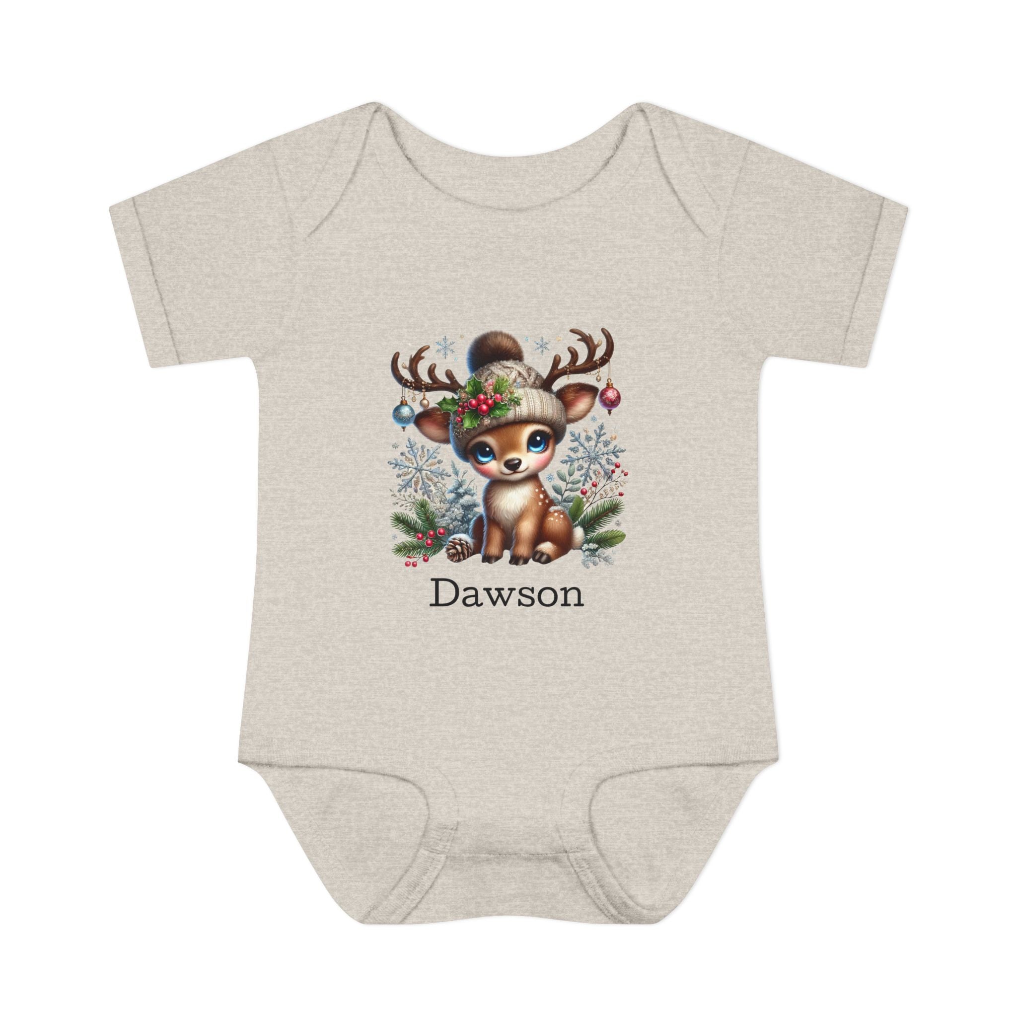 Personalized Festive Deer Baby Bodysuit — | Custom Name Infant One Piece