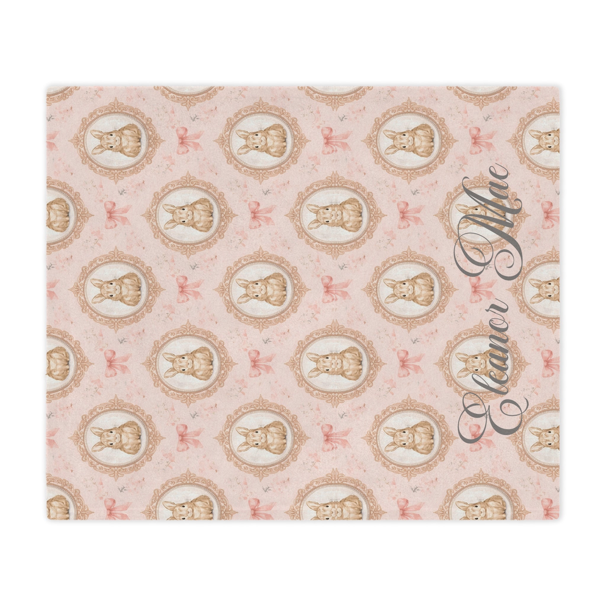 Personalized Pink Bunny Minky Blanket — Vintage Floral Nursery Throw with Name