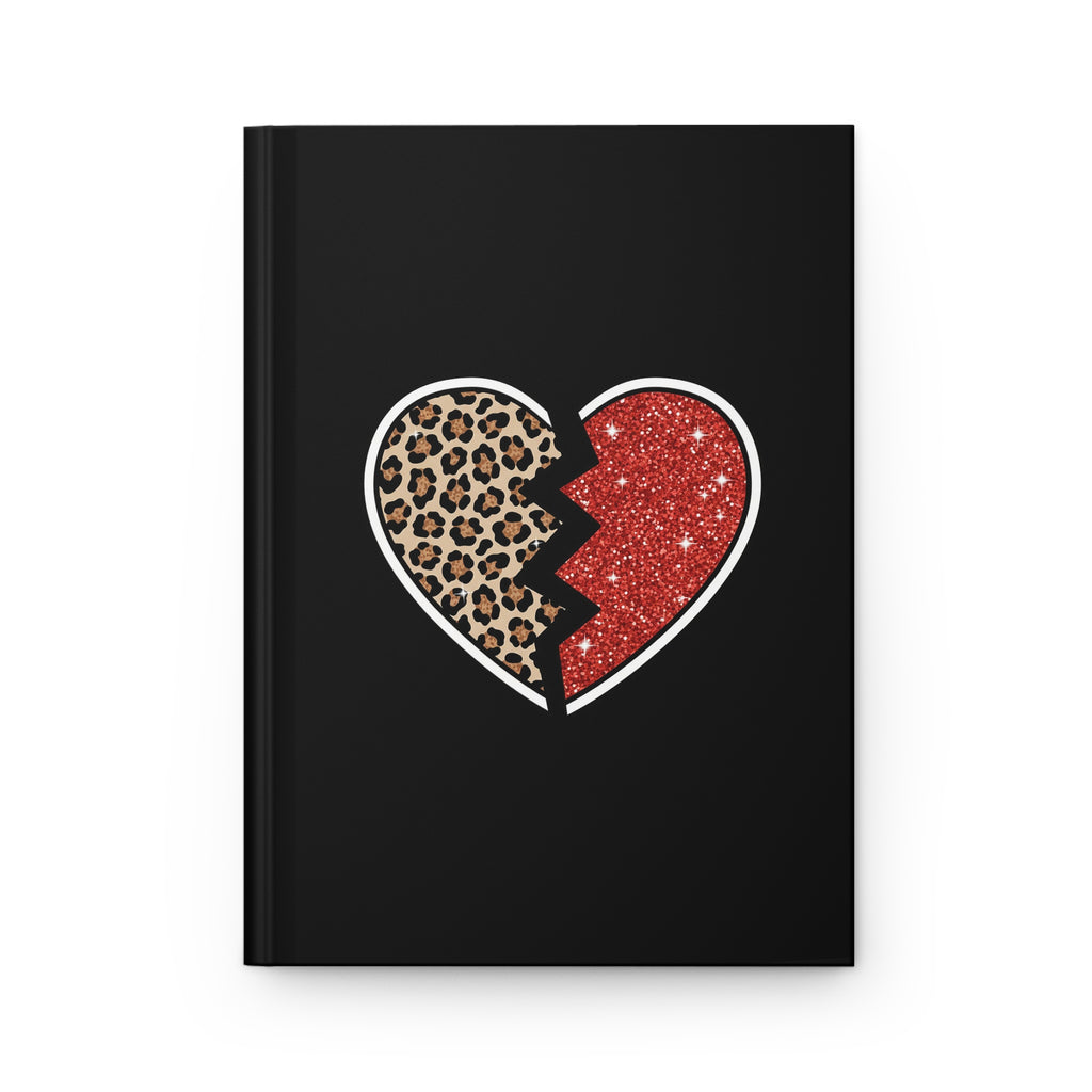 Broken Heart Hardcover Journal — Leopard & Red Glitter Split Heart Notebook