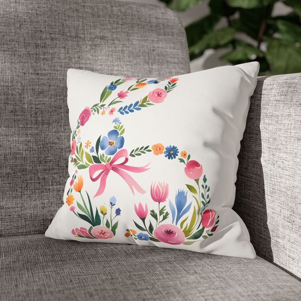 Floral Bunny Pillowcase — Faux Suede Square Decorative Throw Pillow