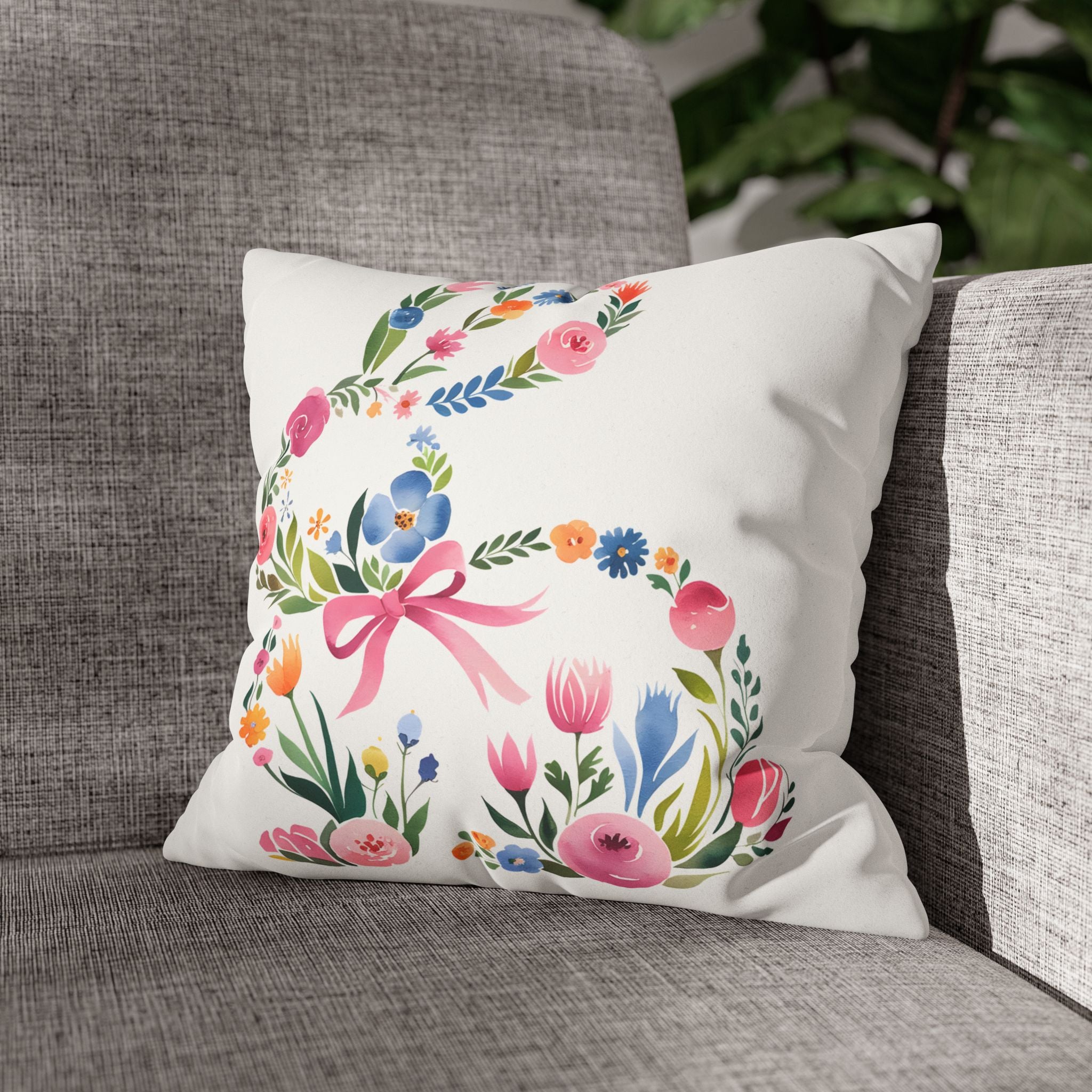 Floral Bunny Pillowcase — Faux Suede Square Decorative Throw Pillow