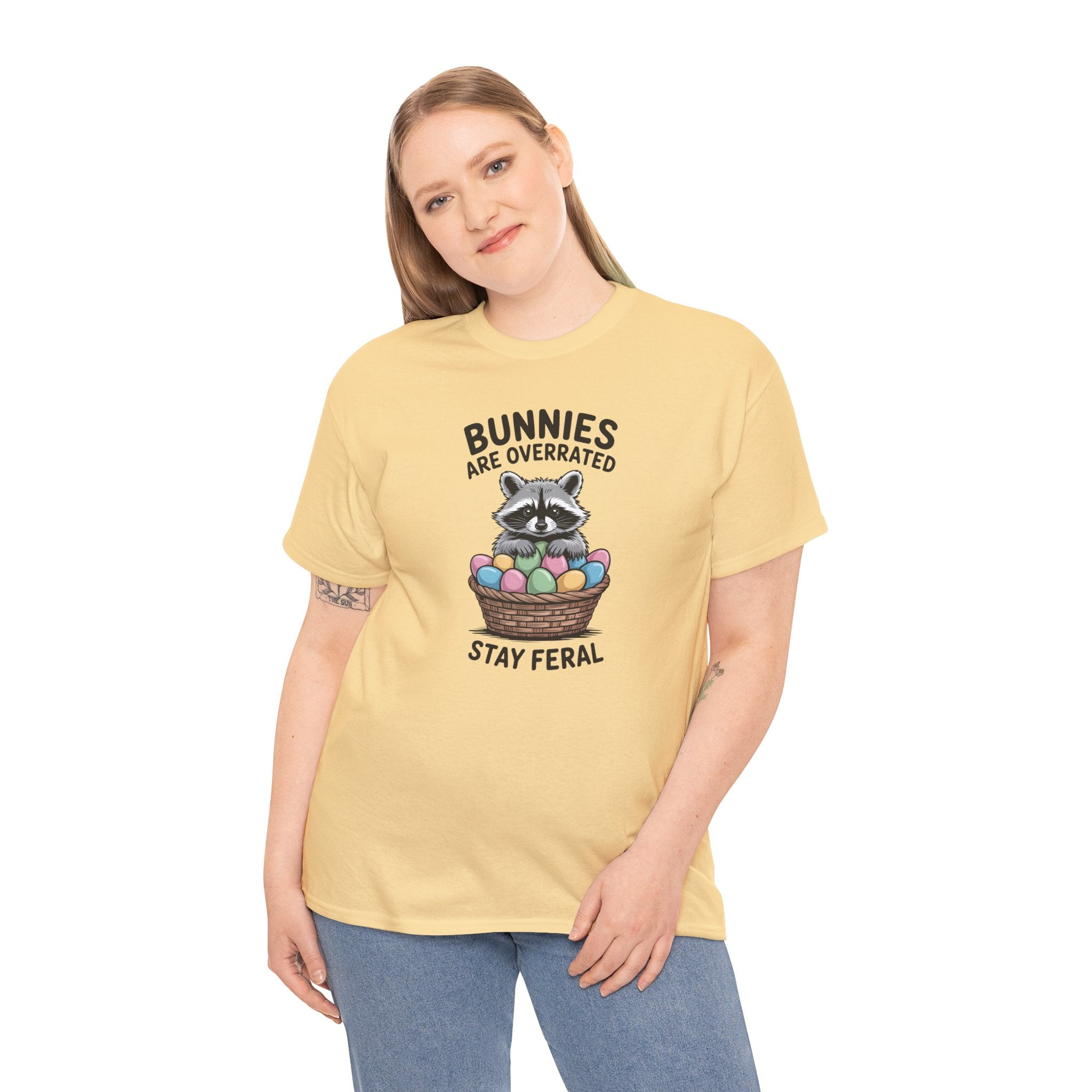 Raccoon in Easter Basket Tee — "Bunnies Are Overrated, Stay Feral" Graphic T-Shirt